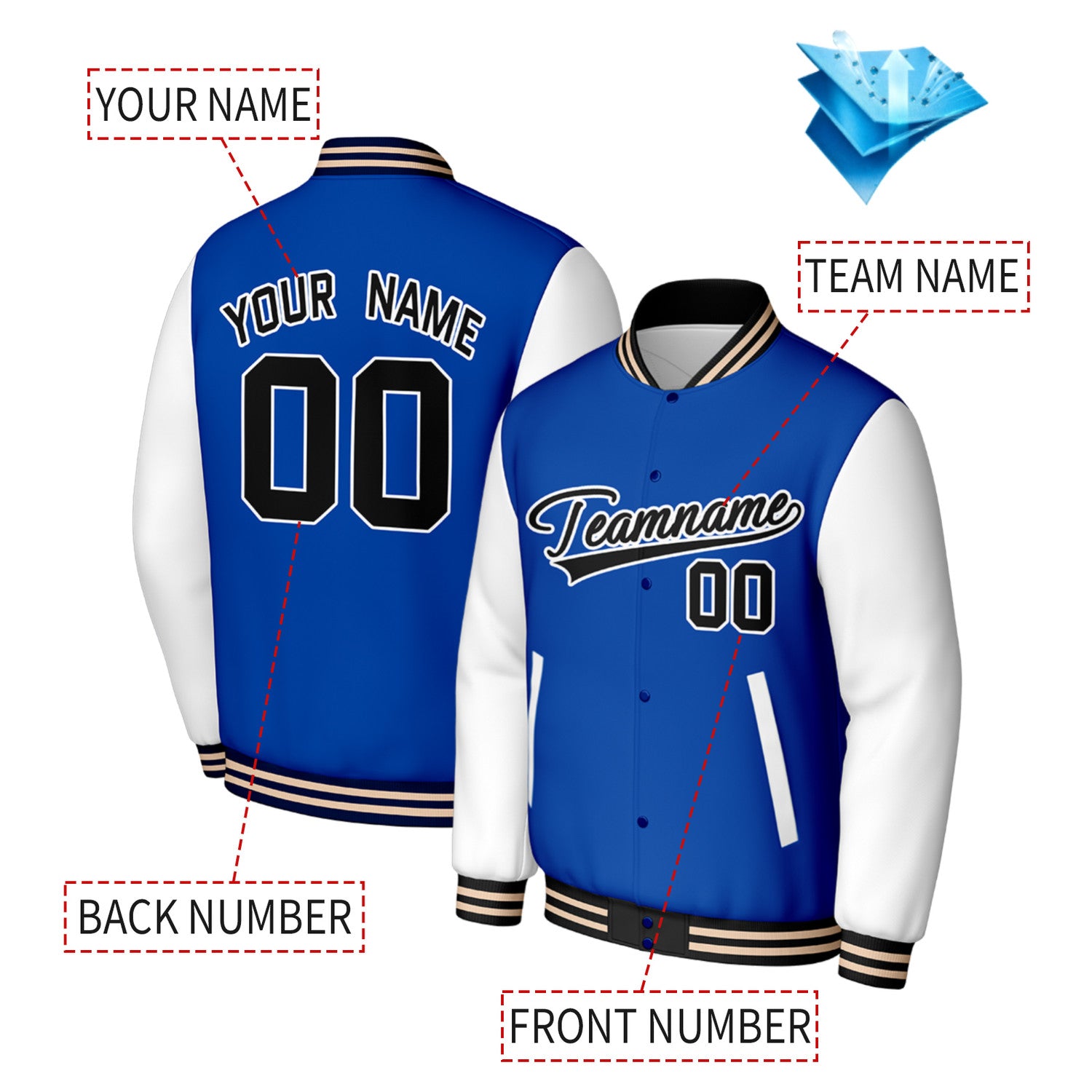 Custom Blue & White Varsity Baseball Jacket | Personalized Jacket with Stitched Name & Number for Adult & Youth