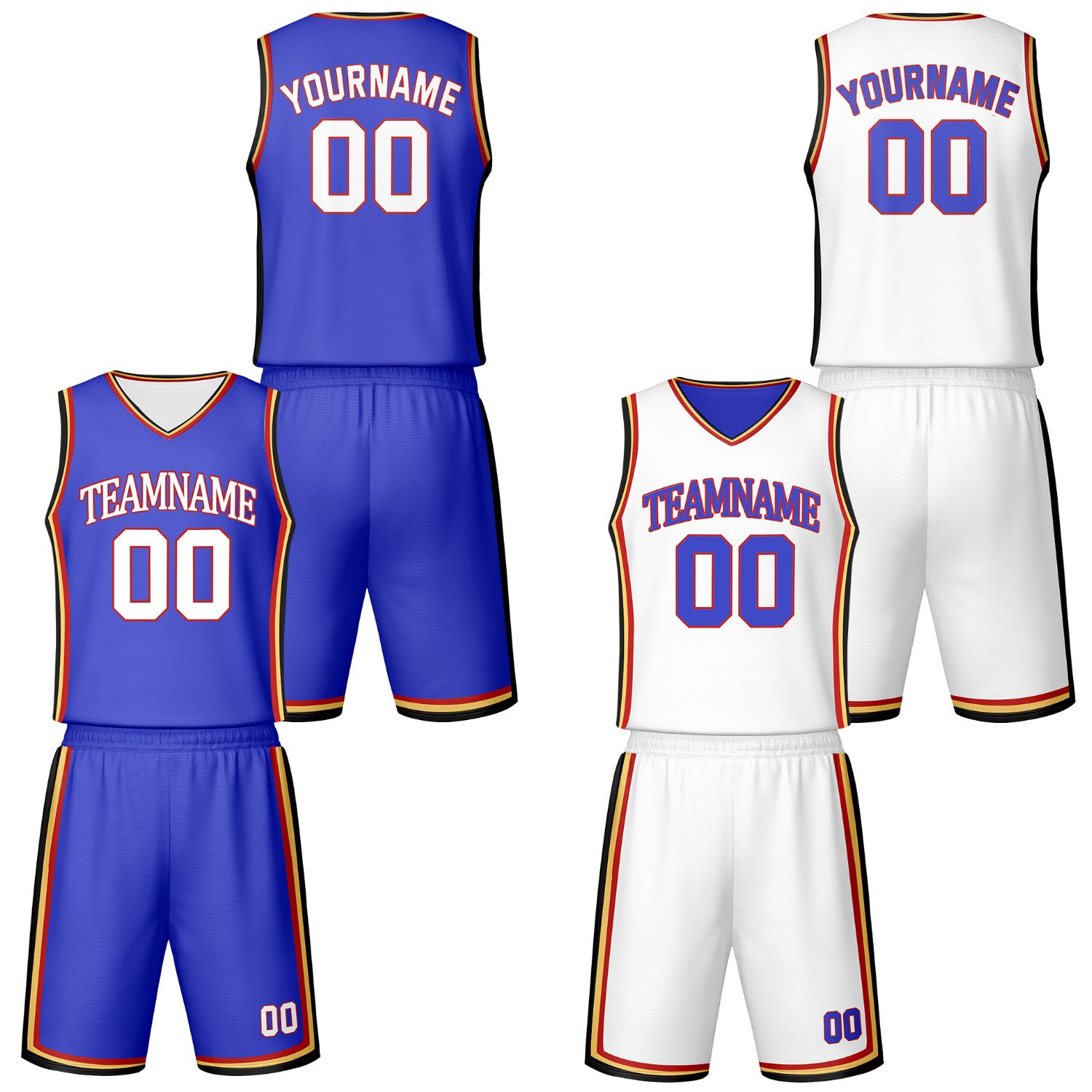 Custom blue & white reversible basketball jersey shorts set by Vosoli | Personalized block team name number vintage uniform sportswear