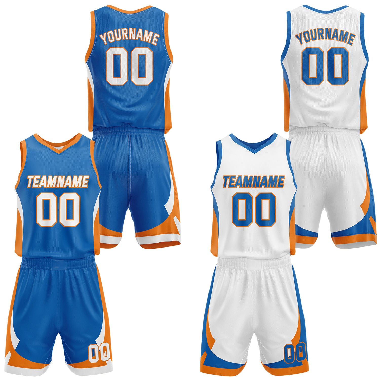 Custom blue & white reversible basketball jersey set with shorts by Vosoli | Personalized team name, number & logo | Breathable mesh sport jersey uniform