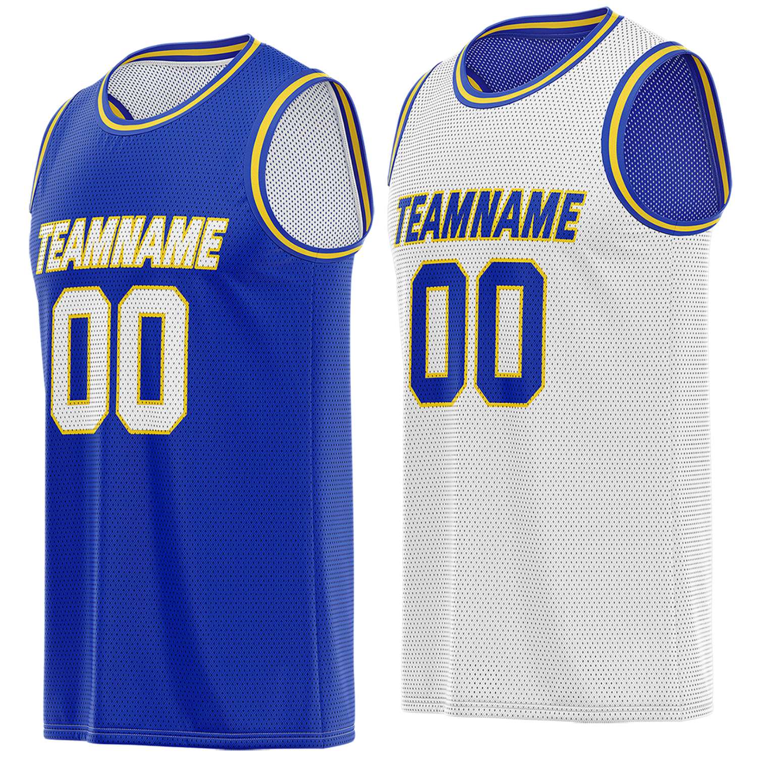 Custom blue & white reversible basketball jersey, personalized team name number breathable mesh sports top with yellow trim for men women youth game practice - Vosoli