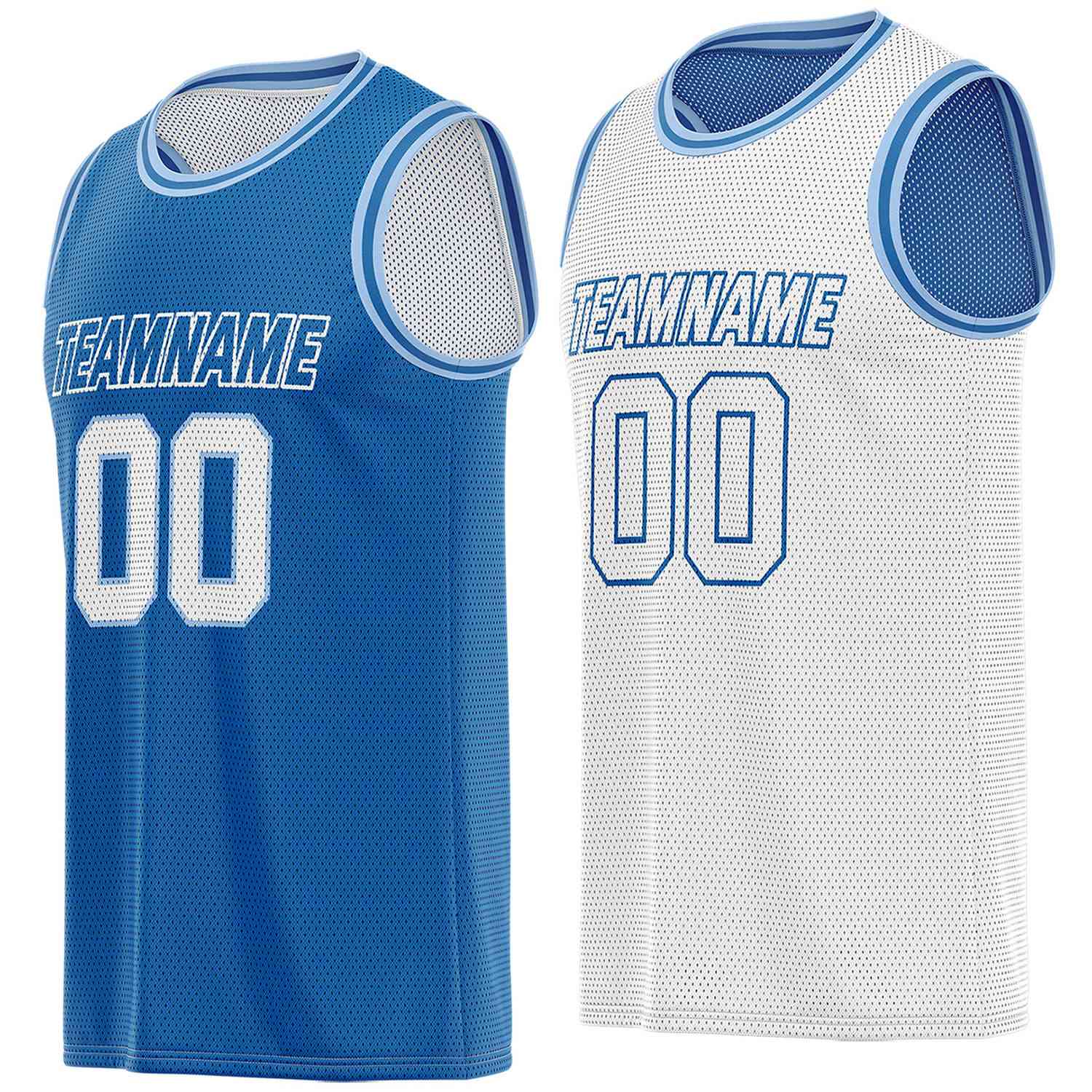 Custom blue & white reversible basketball jersey, personalized team name number breathable mesh sports top with light blue trim for men women youth game practice - Vosoli