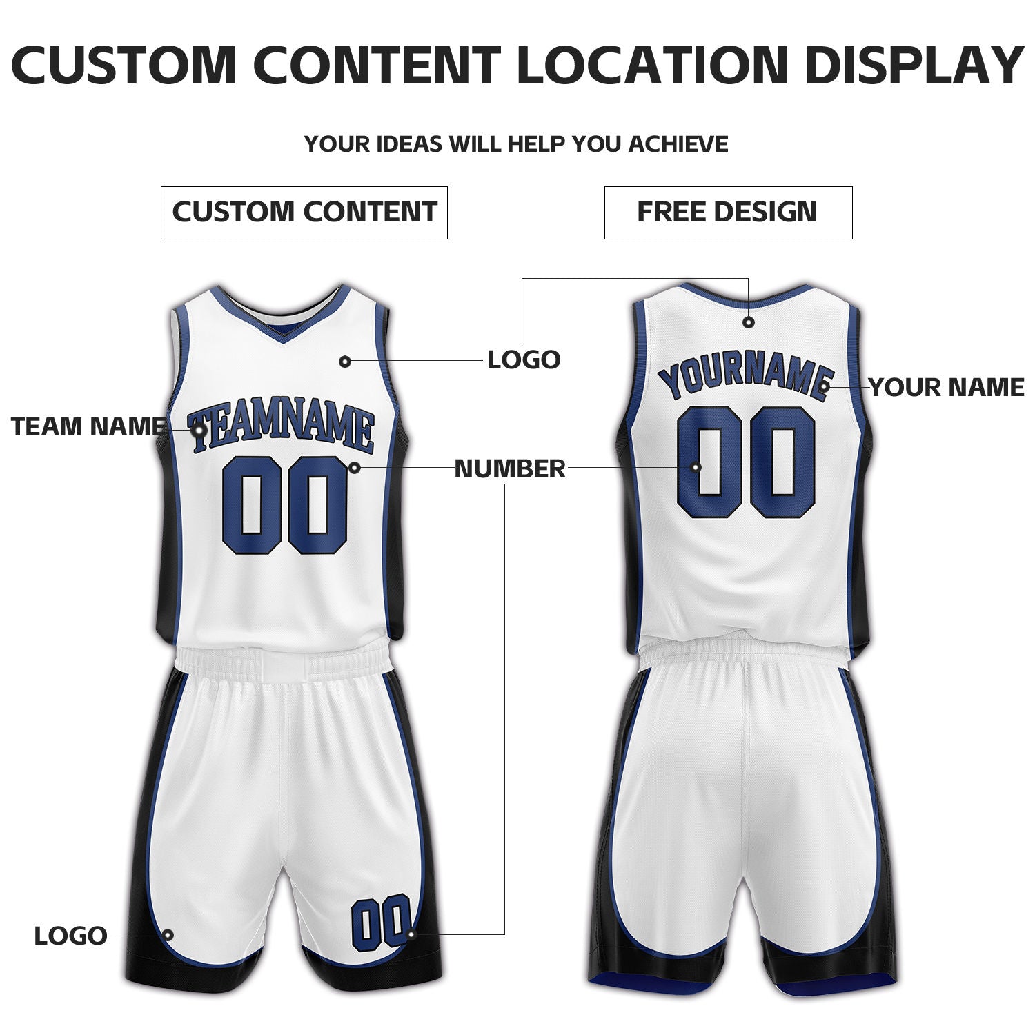 Custom Blue & White Reversible Basketball Uniform Set | Personalized Name Number Sports Jersey Shorts Kit