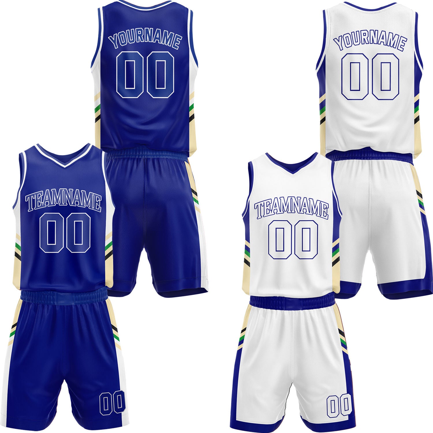 Custom blue & white reversible basketball jersey shorts set by Vosoli | Personalized outline block team name number panel vintage uniform sportswear
