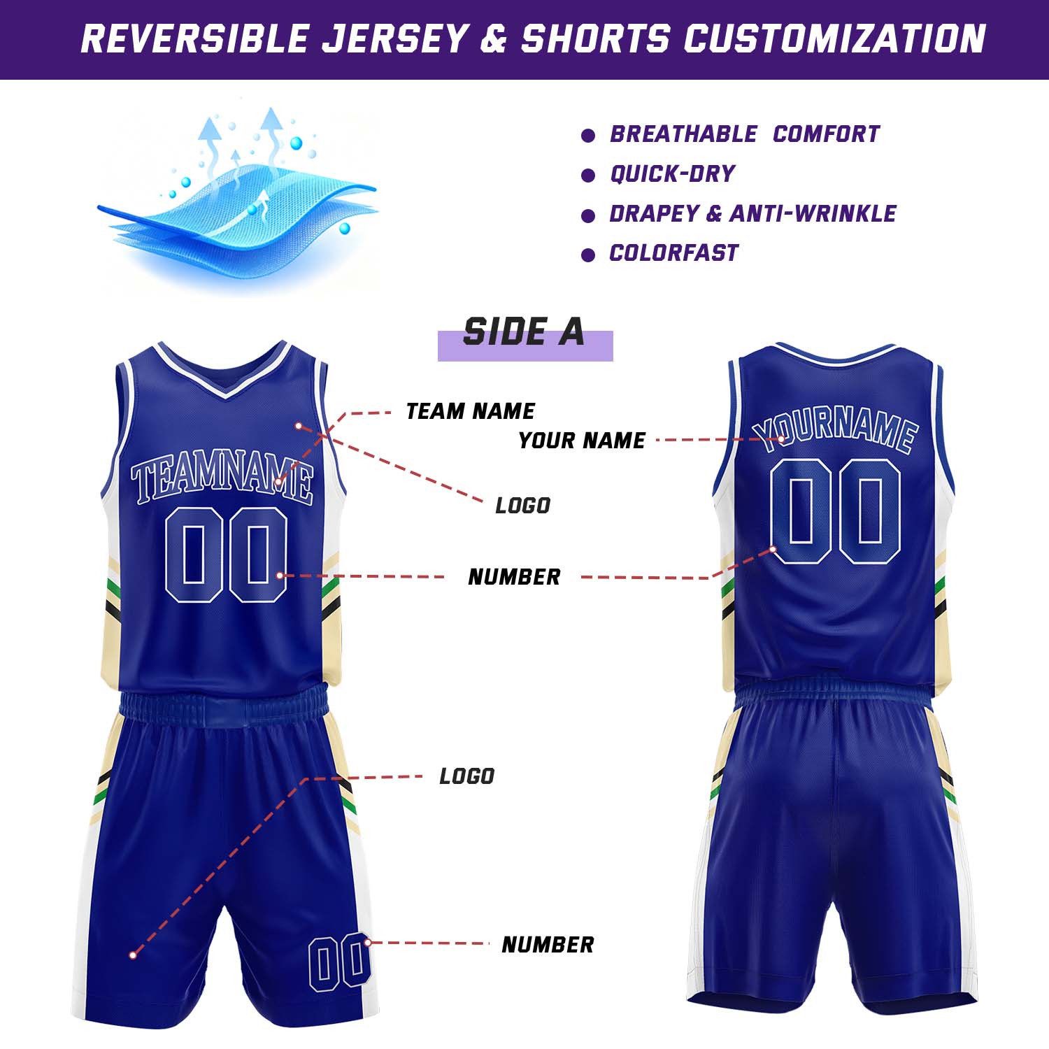 Custom Blue & White Reversible Stripe Basketball Jersey Shorts Set | Personalized Team Uniform