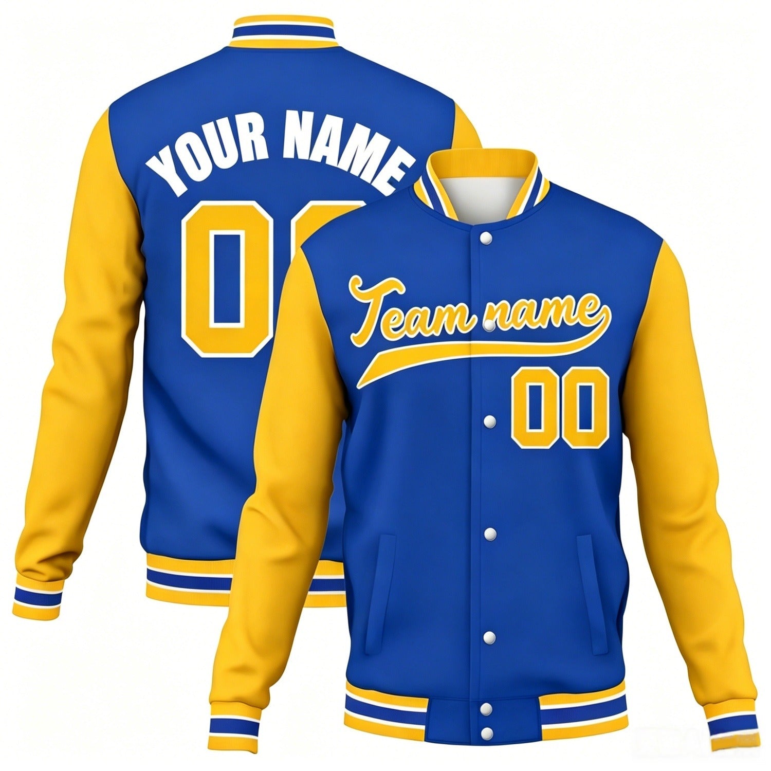 Custom blue-yellow contrast sleeve stitched varsity baseball jacket by Vosoli | Personalized team name & number jacket for youth & adults