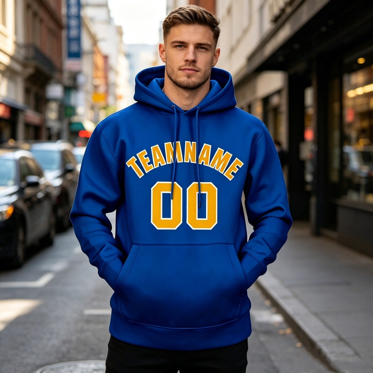 Custom Blue & Yellow Hoodie | Personalized Name & Number Sports Pullover | Vosoli