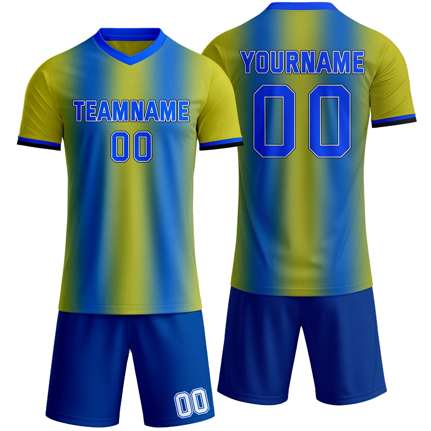 Custom blue & yellow stripe gradient soccer jersey set, personalized name number team logo, short-sleeve jersey with matching shorts sports uniform for men women youth adult game practice - Vosoli