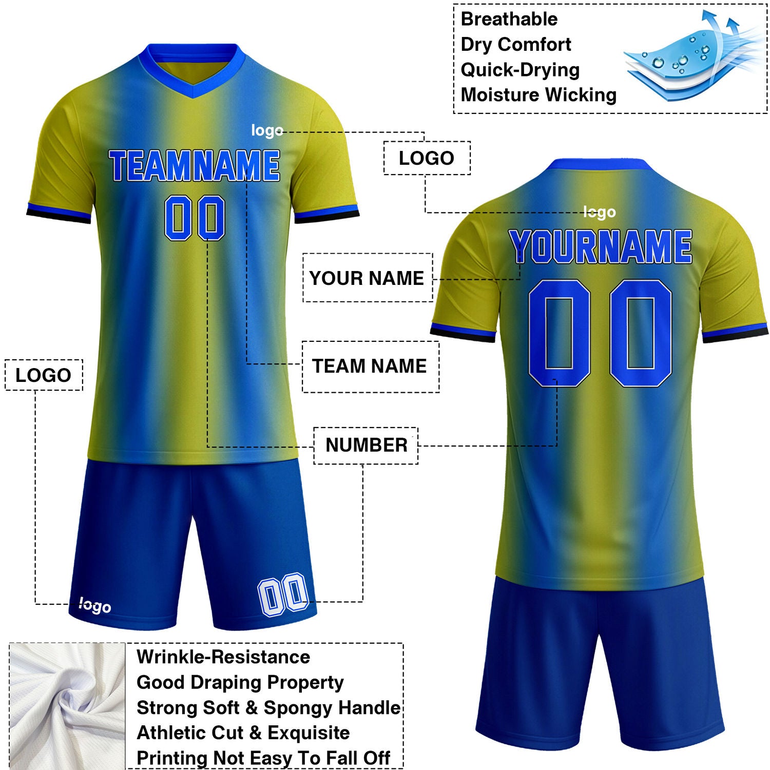 Custom Blue & Yellow Stripe Gradient Soccer Jersey Set | Personalized Team Uniform | Vosoli
