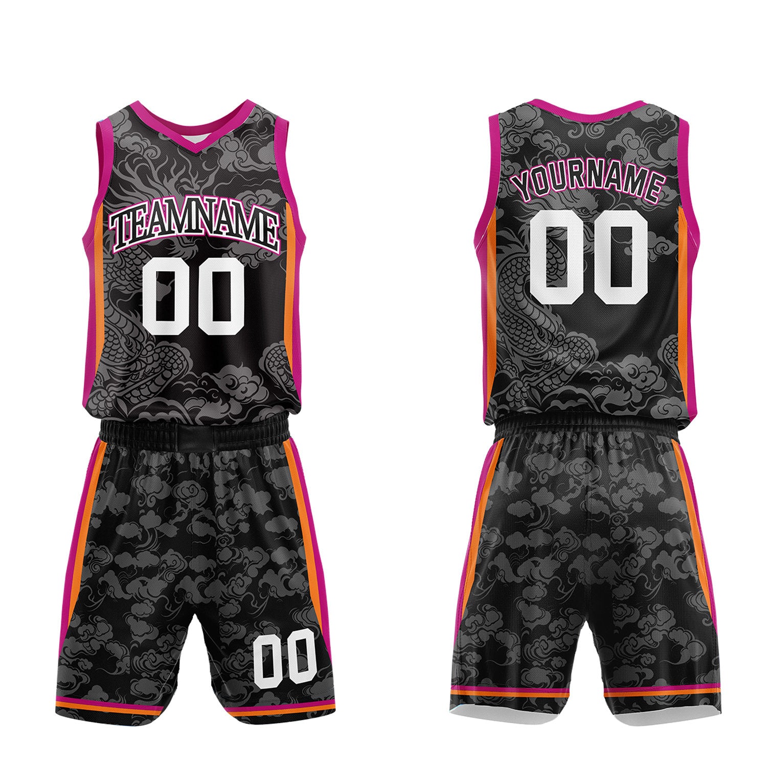Custom boys basketball jersey and short set, black dragon cloud sublimated jersey and shorts with personalized team name, player number and logo, breathable quick dry mesh for boys games.