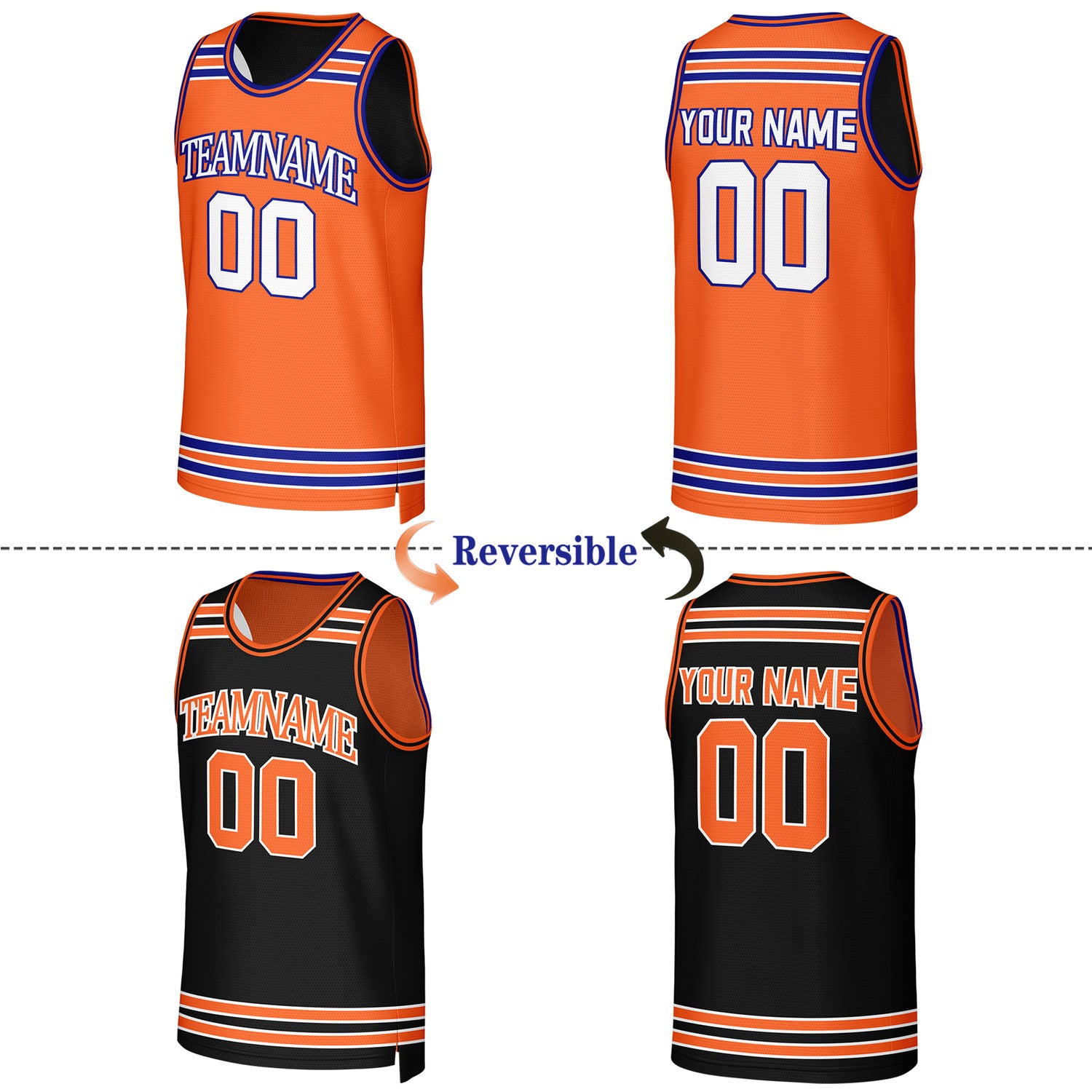 Custom Orange & Black Striped Reversible Basketball Jersey | Personalized Team Jerseys with Name, Number & Logo