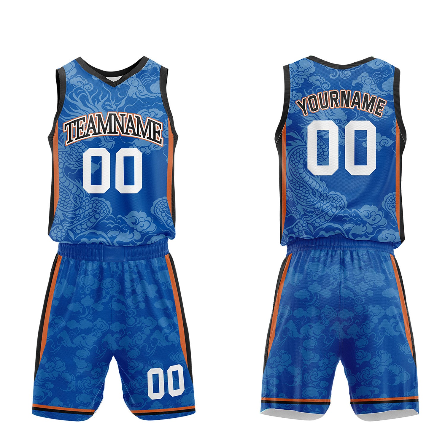 Custom boys basketball jerseys set, blue dragon cloud sublimated jersey and shorts with personalized team name, player number and logo, breathable quick dry mesh for boys games.