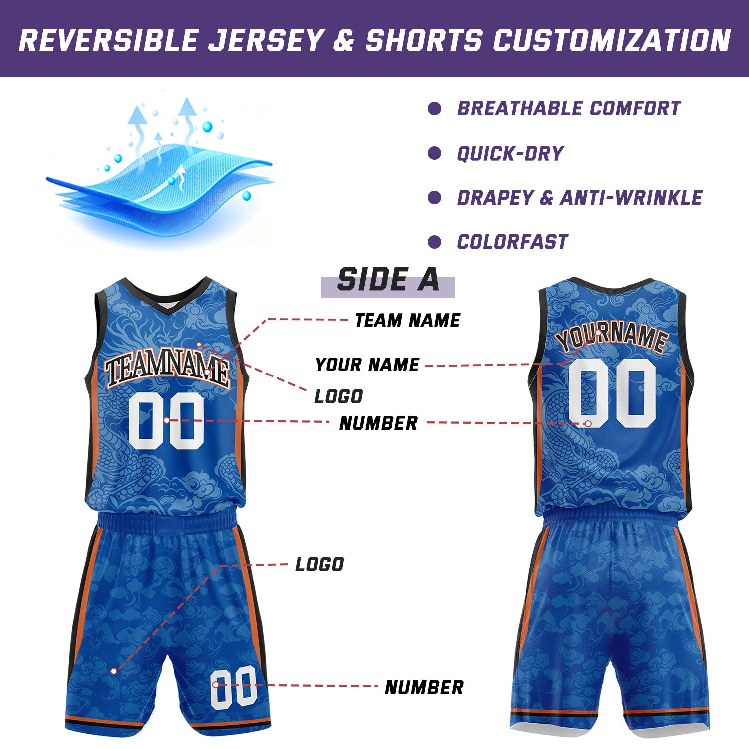 Custom Basketball Jerseys and Shorts Set | Blue Dragon Cloud V-Neck Sublimated Team Uniform