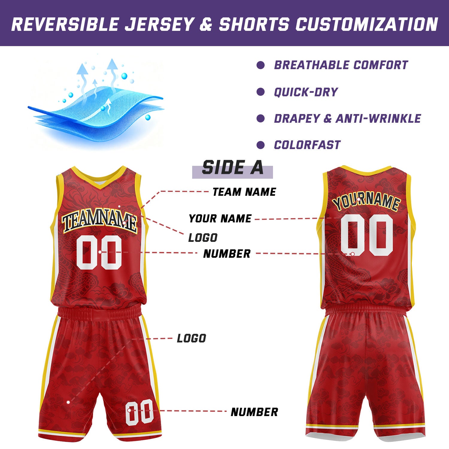Custom Basketball Jerseys and Shorts Set | Red Dragon Cloud V-Neck Sublimated Team Uniform
