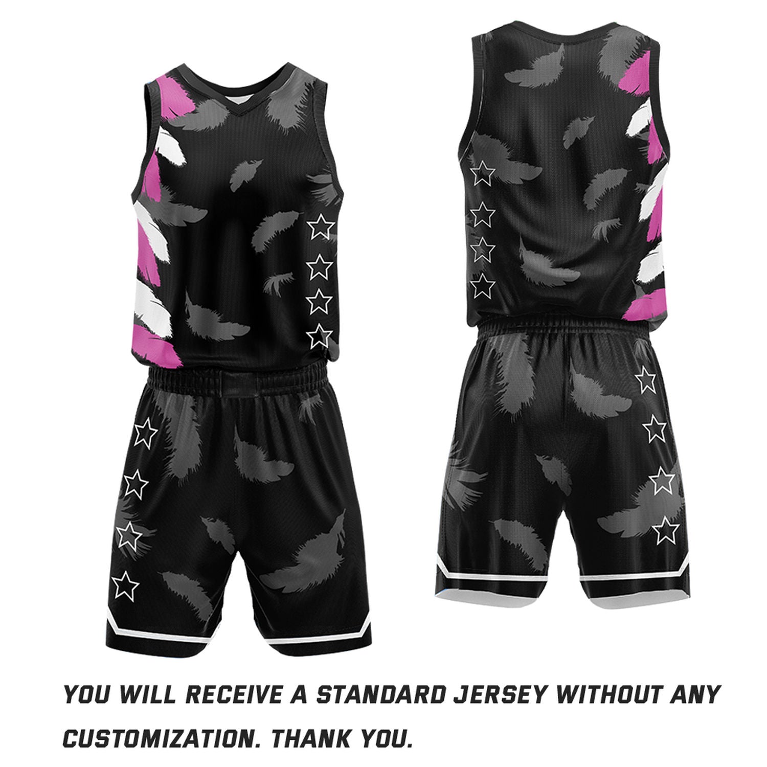Custom Basketball Jerseys and Shorts Set | Black Pink Feather V-Neck Sublimated Team Uniform