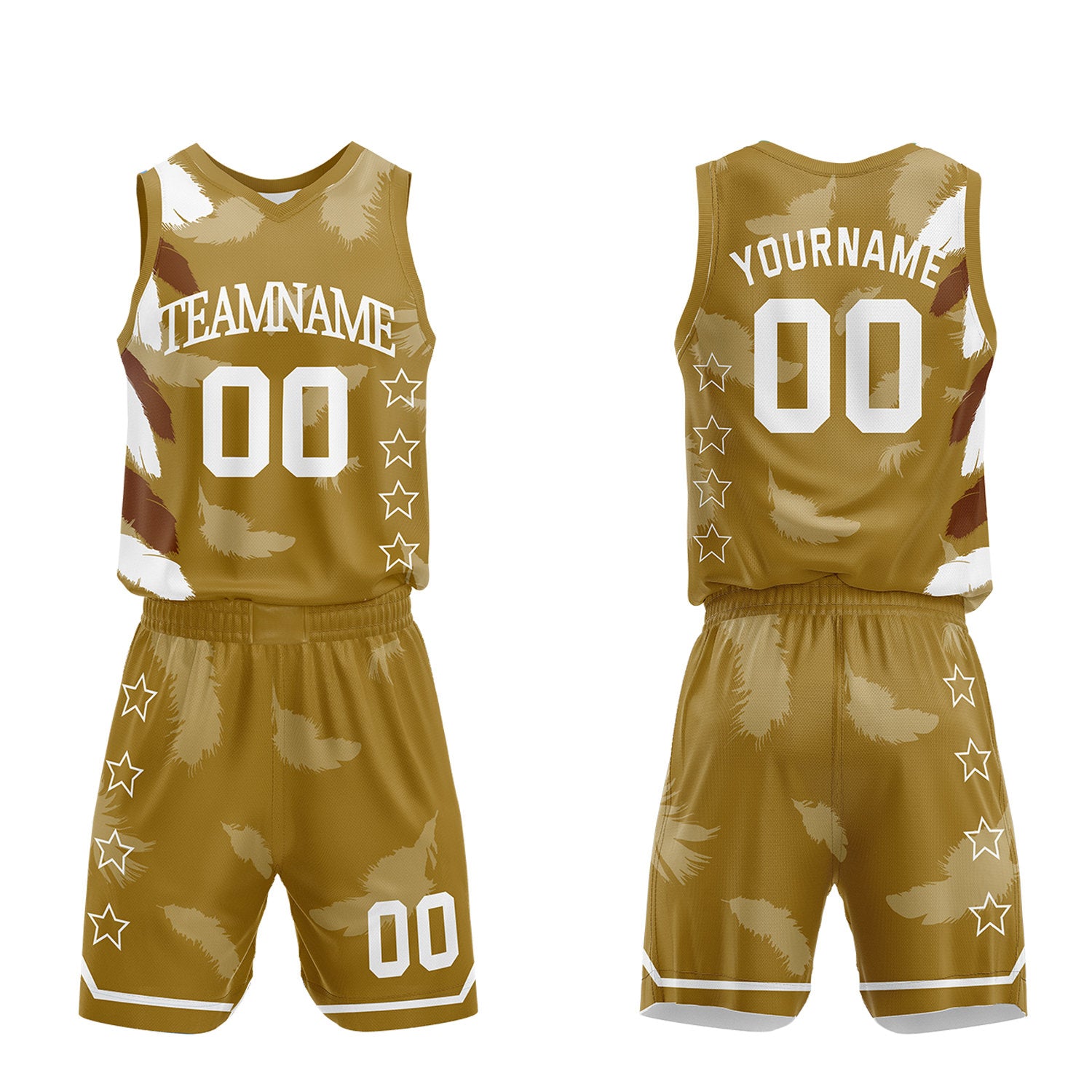 Custom boys basketball uniform set, gold brown feather sublimated jersey and shorts with personalized team name, player number and logo, breathable quick dry mesh for boys games.