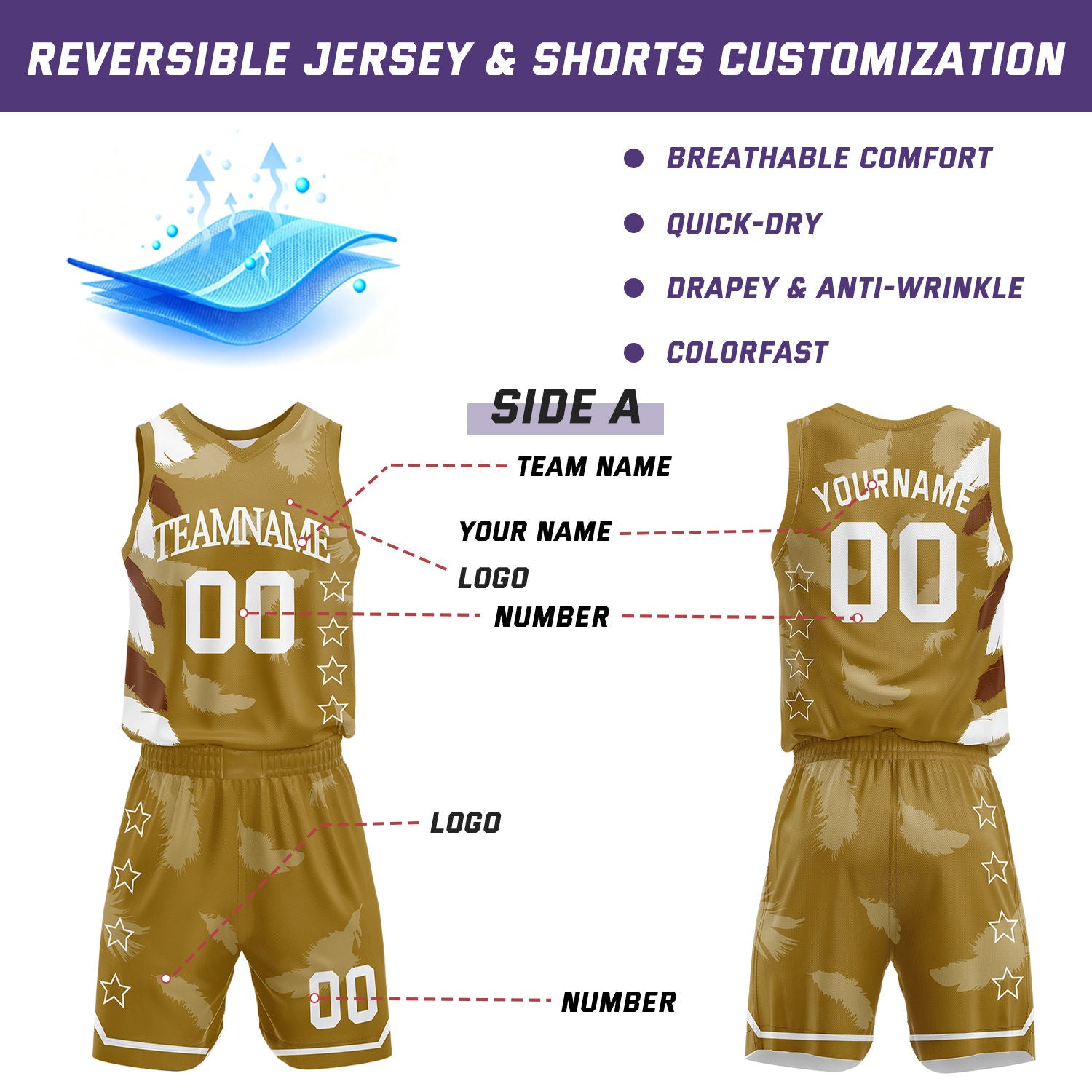 Custom Basketball Jerseys and Shorts Set | Gold Brown Feather V-Neck Sublimated Team Uniform