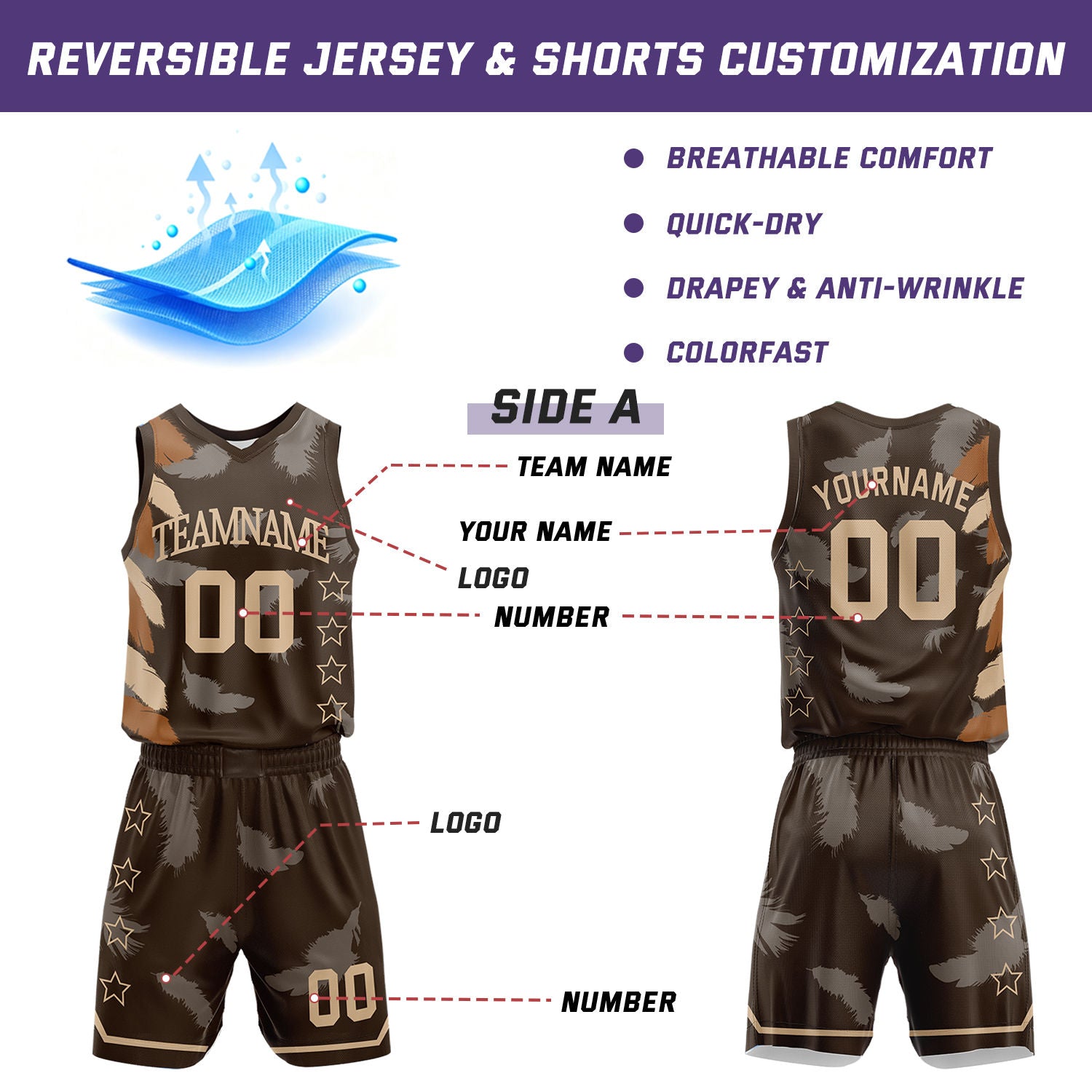 Custom Basketball Jerseys and Shorts Set | Brown Feather V-Neck Sublimated Team Uniform