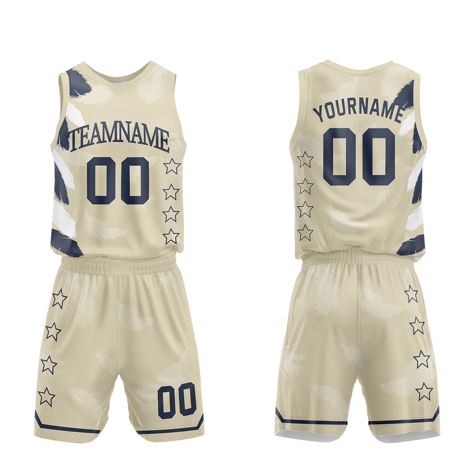 Custom boys basketball uniforms, cream navy feather sublimated jersey and shorts with personalized team name, player number and logo, breathable quick dry mesh for boys games.