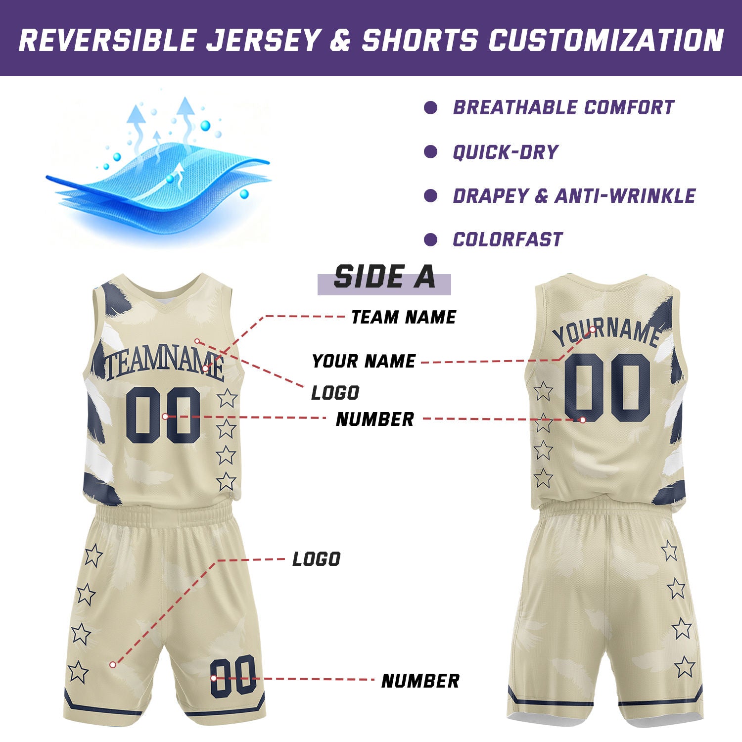 Custom Basketball Jerseys and Shorts Set | Cream Navy Feather V-Neck Sublimated Team Uniform