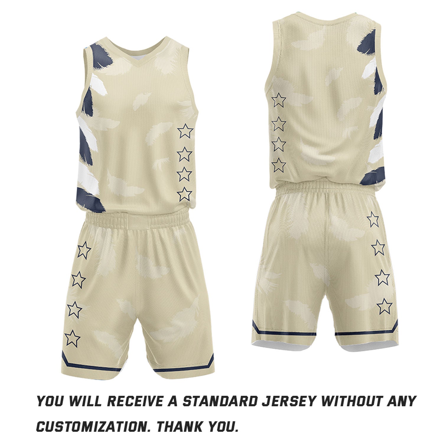 Custom Basketball Jerseys and Shorts Set | Cream Navy Feather V-Neck Sublimated Team Uniform