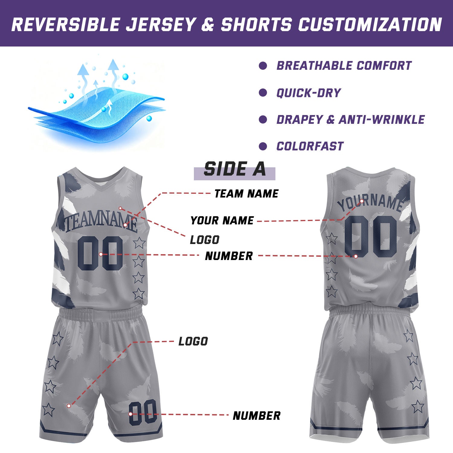 Custom Basketball Jerseys and Shorts Set | Gray Navy Feather V-Neck Sublimated Team Uniform