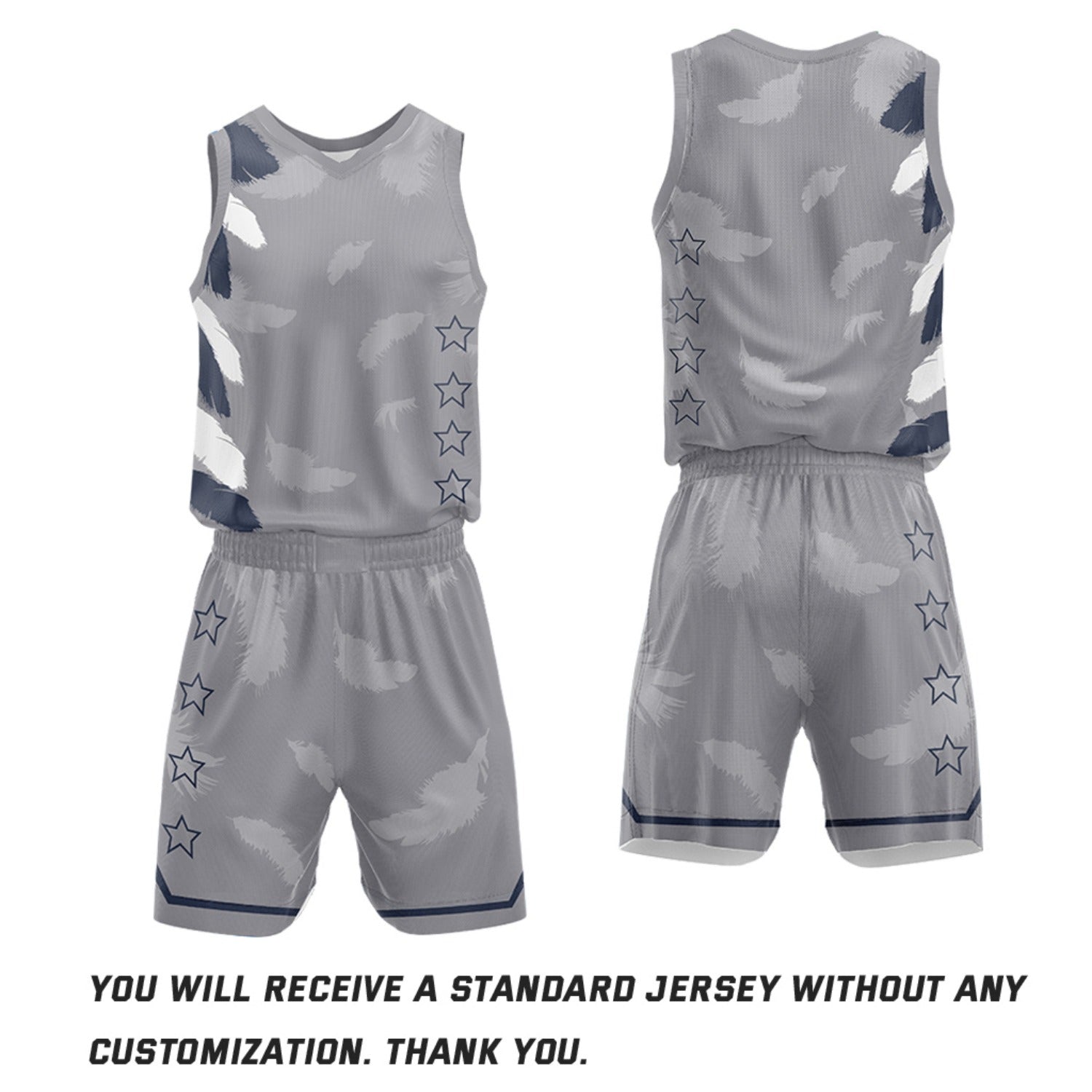 Custom Basketball Jerseys and Shorts Set | Gray Navy Feather V-Neck Sublimated Team Uniform