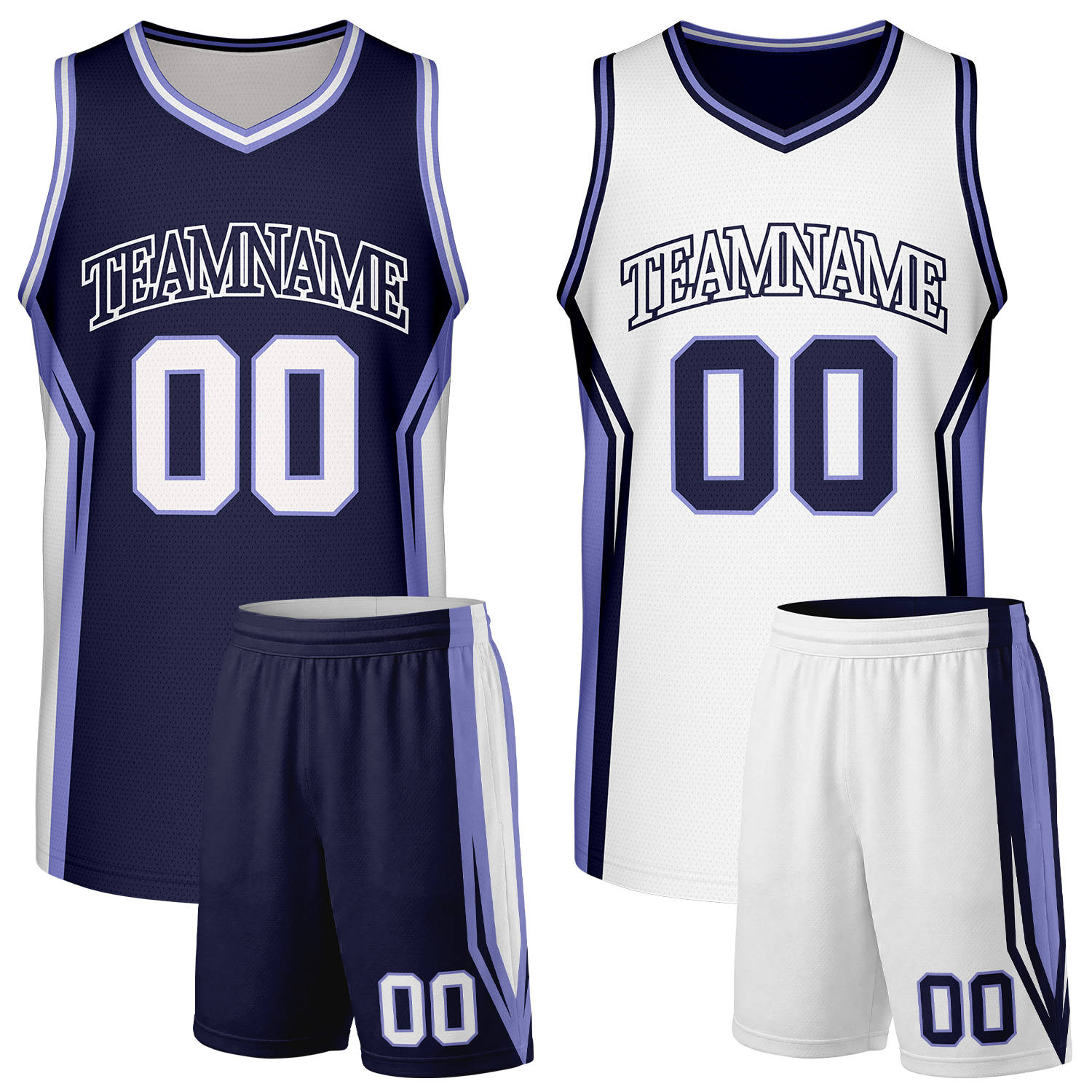 Custom navy and white boys basketball team uniforms, reversible jersey and shorts set with personalized name & number, breathable mesh for adult & youth.