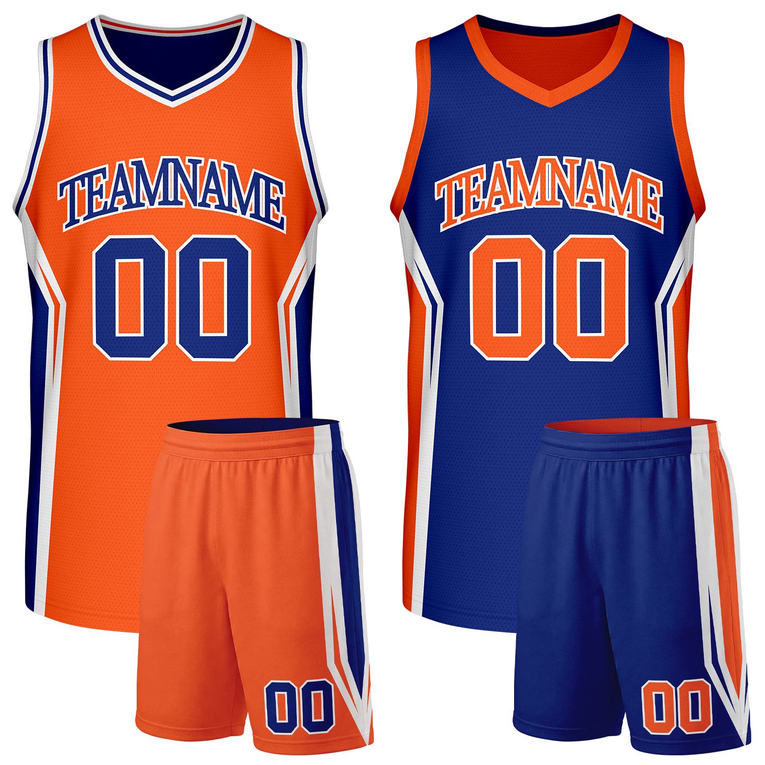 Custom orange and royal blue boys basketball uniforms, reversible jersey and shorts set with personalized name & number, breathable mesh for adult & youth.