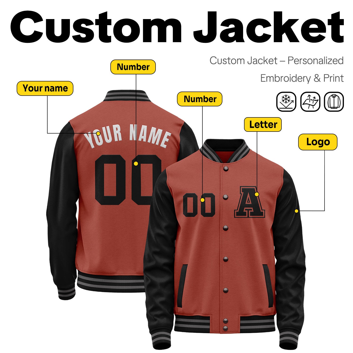 Custom Varsity Jacket with Stitched Name & Number | Brick Red & Black Personalized Team Letterman Bomber