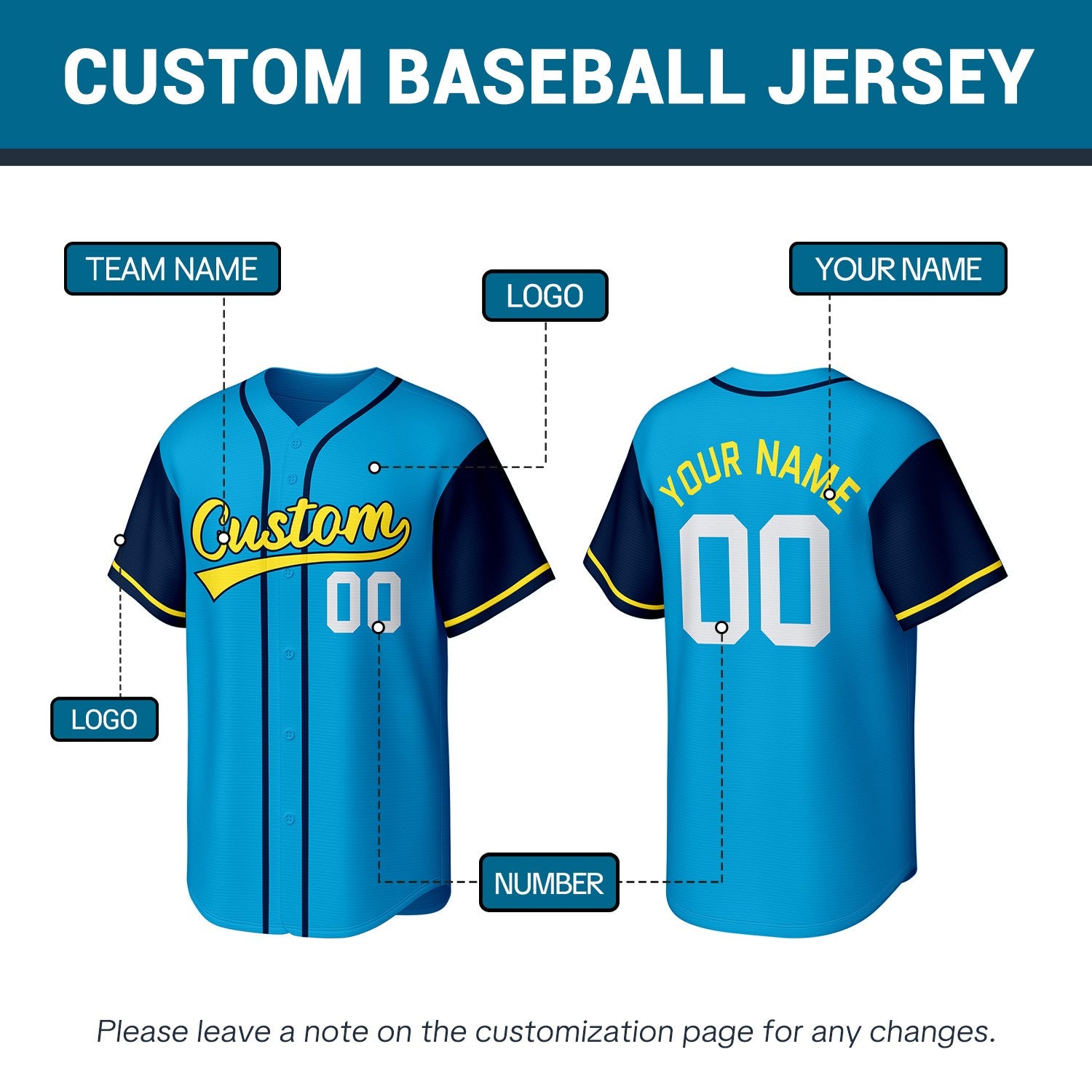 Custom Bright Blue Stitched Baseball Jersey | Personalized Name & Number | Team Uniform