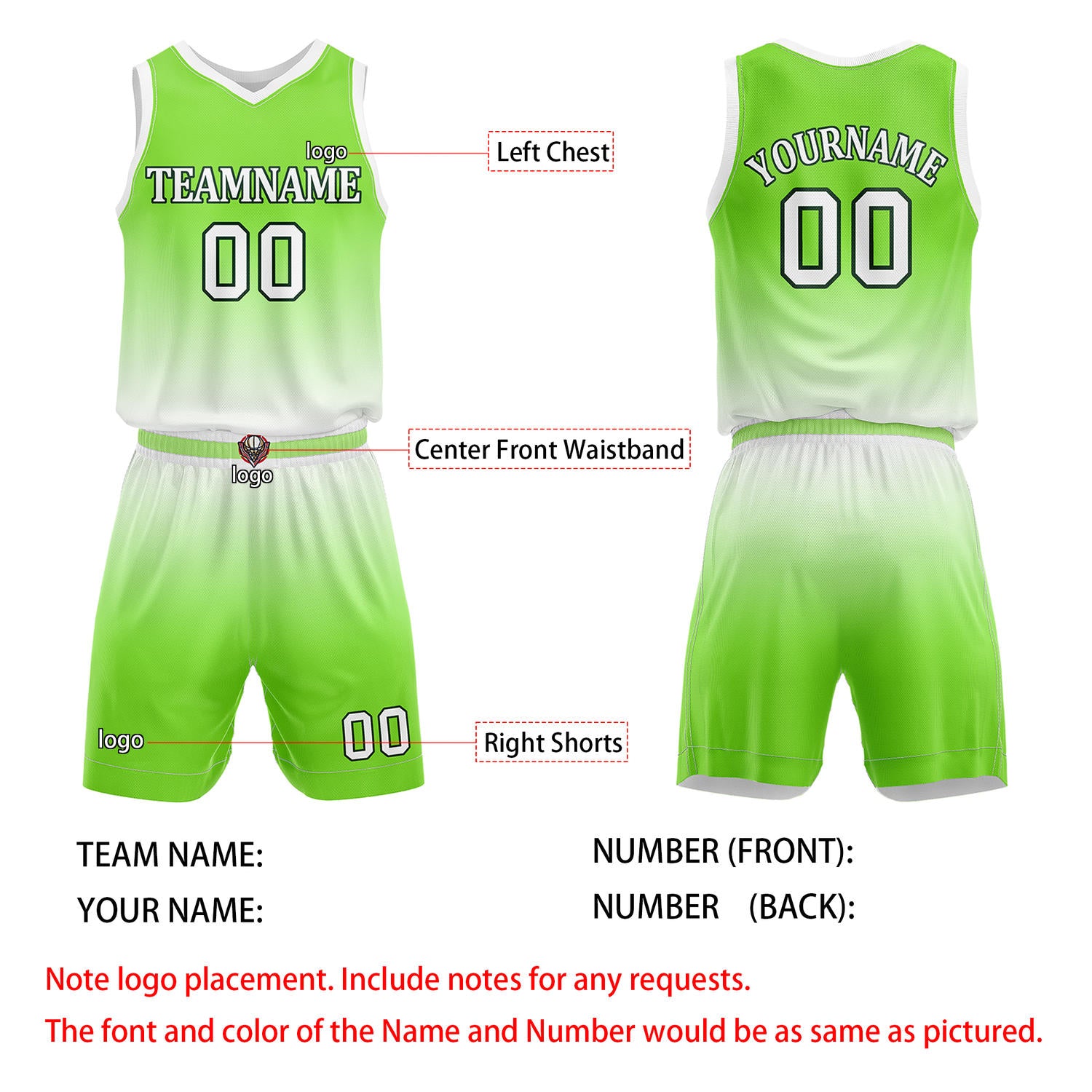 Custom Bright Green & White Gradient Basketball Jersey + Shorts Set - Personalized Team Name, Number | Vosoli