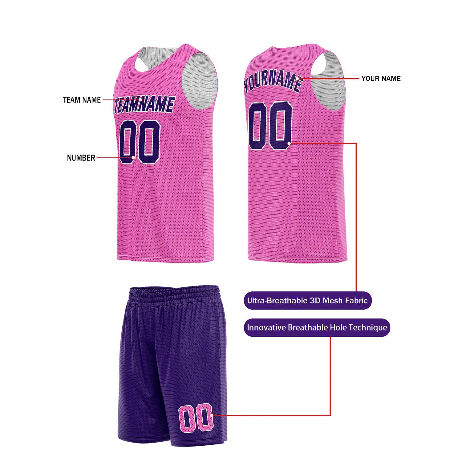Custom Bright Pink & Deep Purple Basketball Jersey + Shorts Set - Personalized Team Name, Number | Vosoli