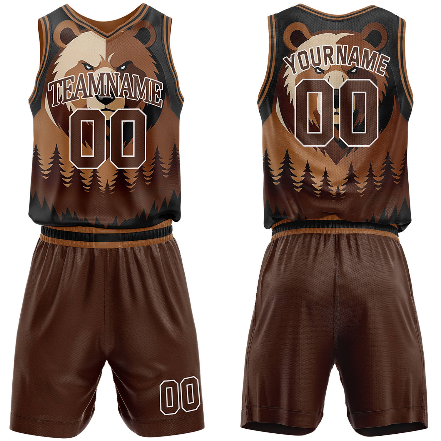 Custom brown bear theme basketball jersey & shorts set by Vosoli | Personalized team name & number sportswear