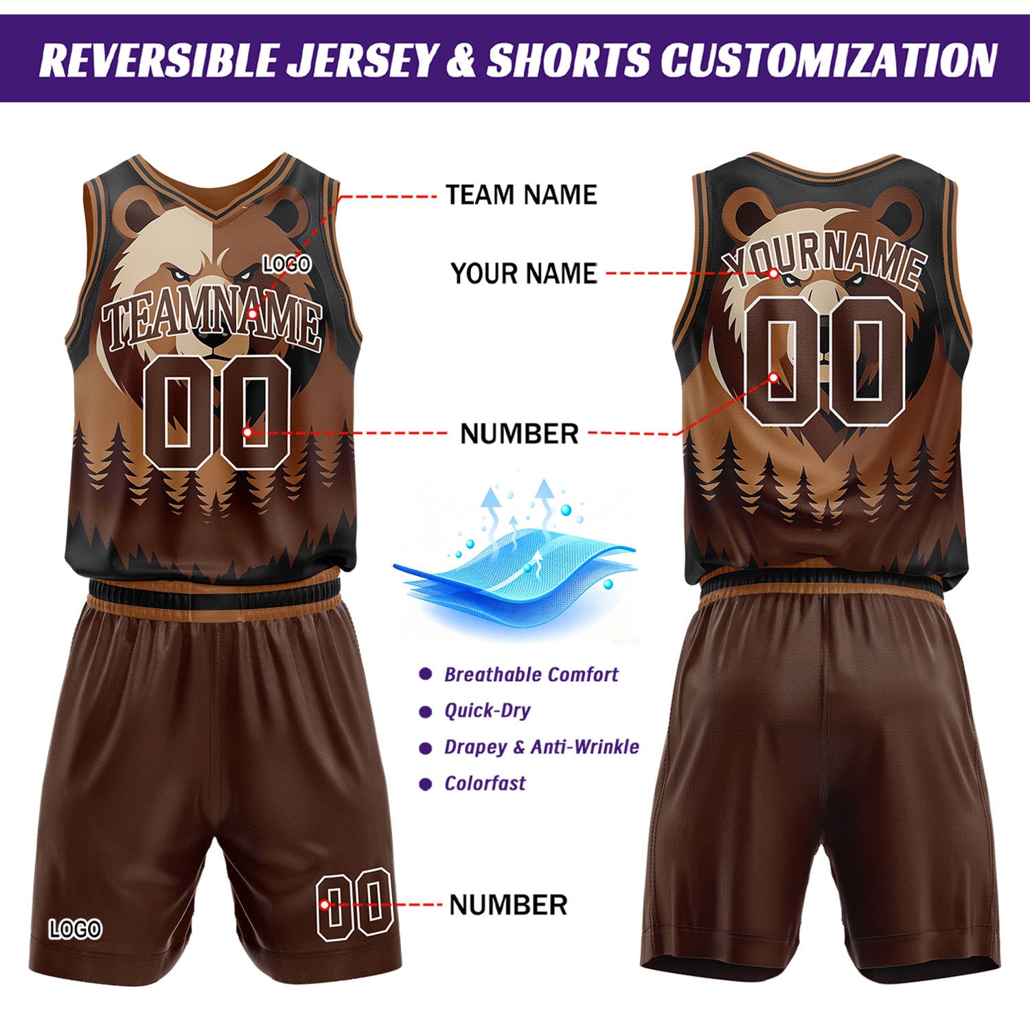Custom Brown Bear Theme Basketball Jersey & Shorts Set | Personalized Team Uniform