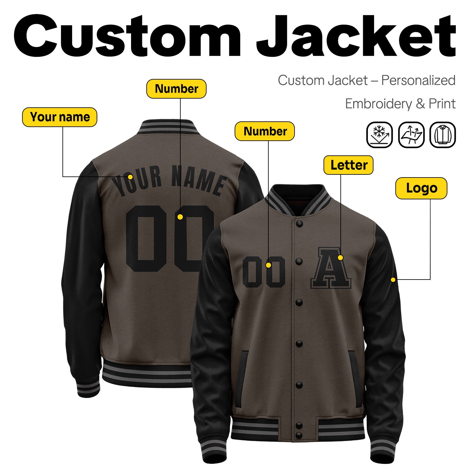 Custom Varsity Jacket with Stitched Name & Number | Brown & Black Personalized Team Letterman Bomber