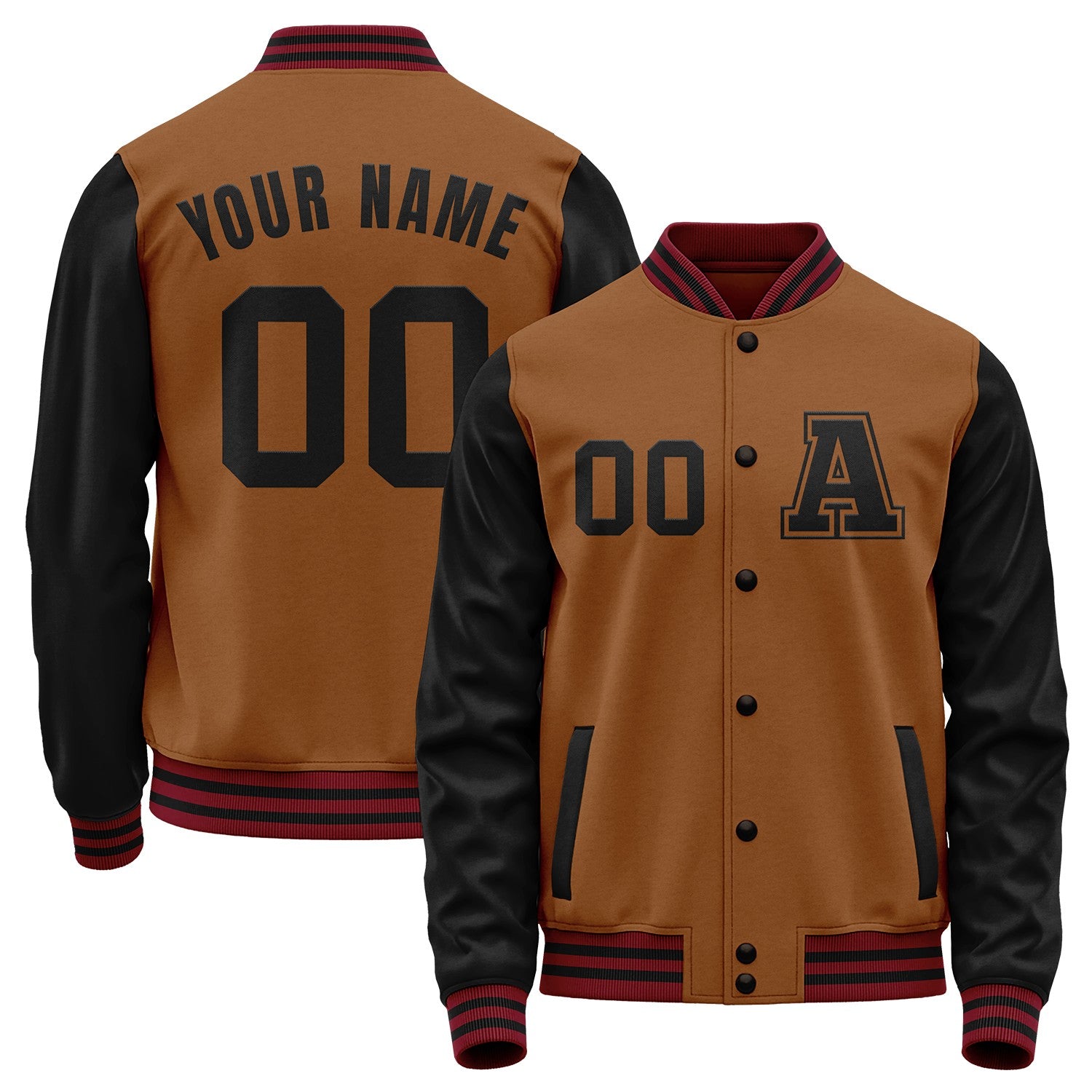 Custom brown and black team baseball jackets by Vosoli with stitched name, number and logo. Classic varsity jacket for baseball and casual wear.