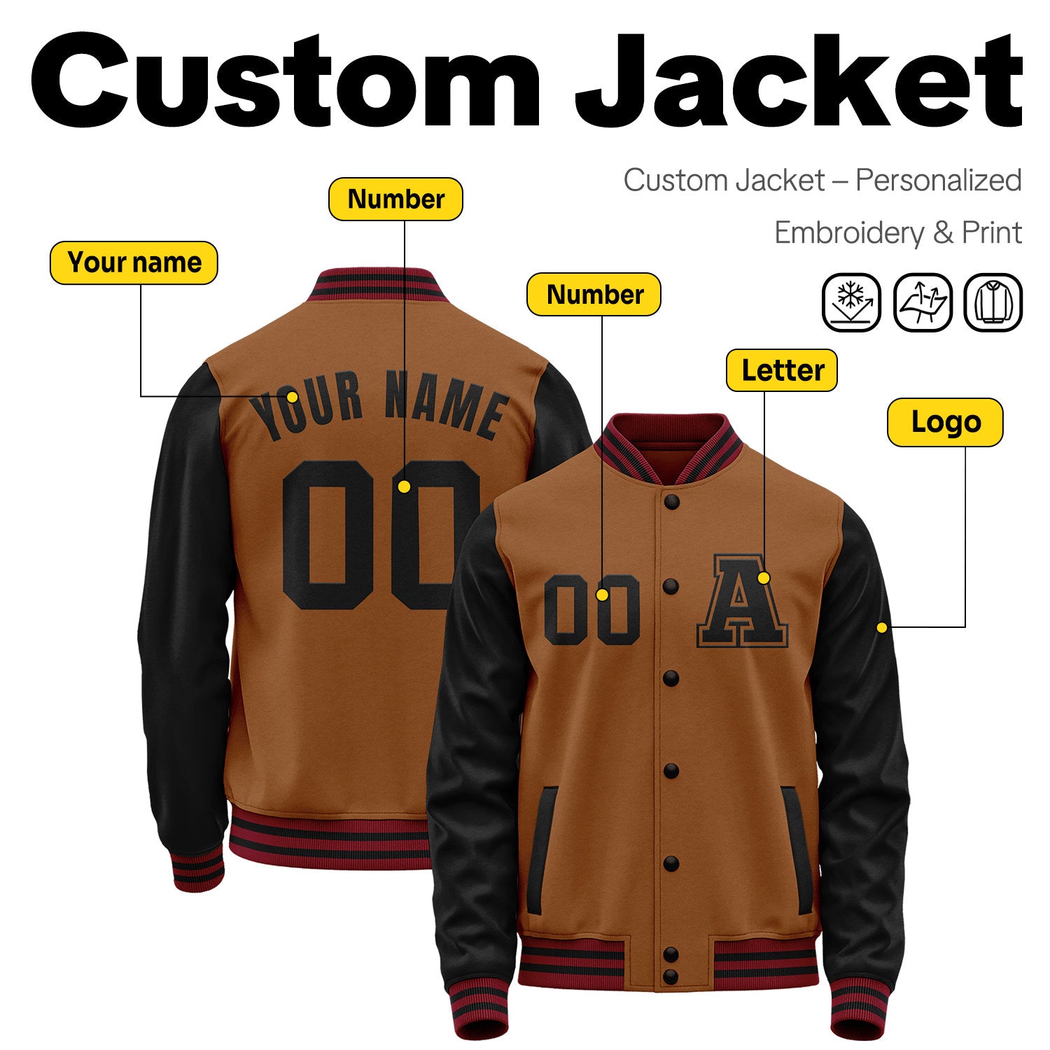 Custom Varsity Jacket with Stitched Name & Number | Brown & Black Personalized Team Letterman Bomber
