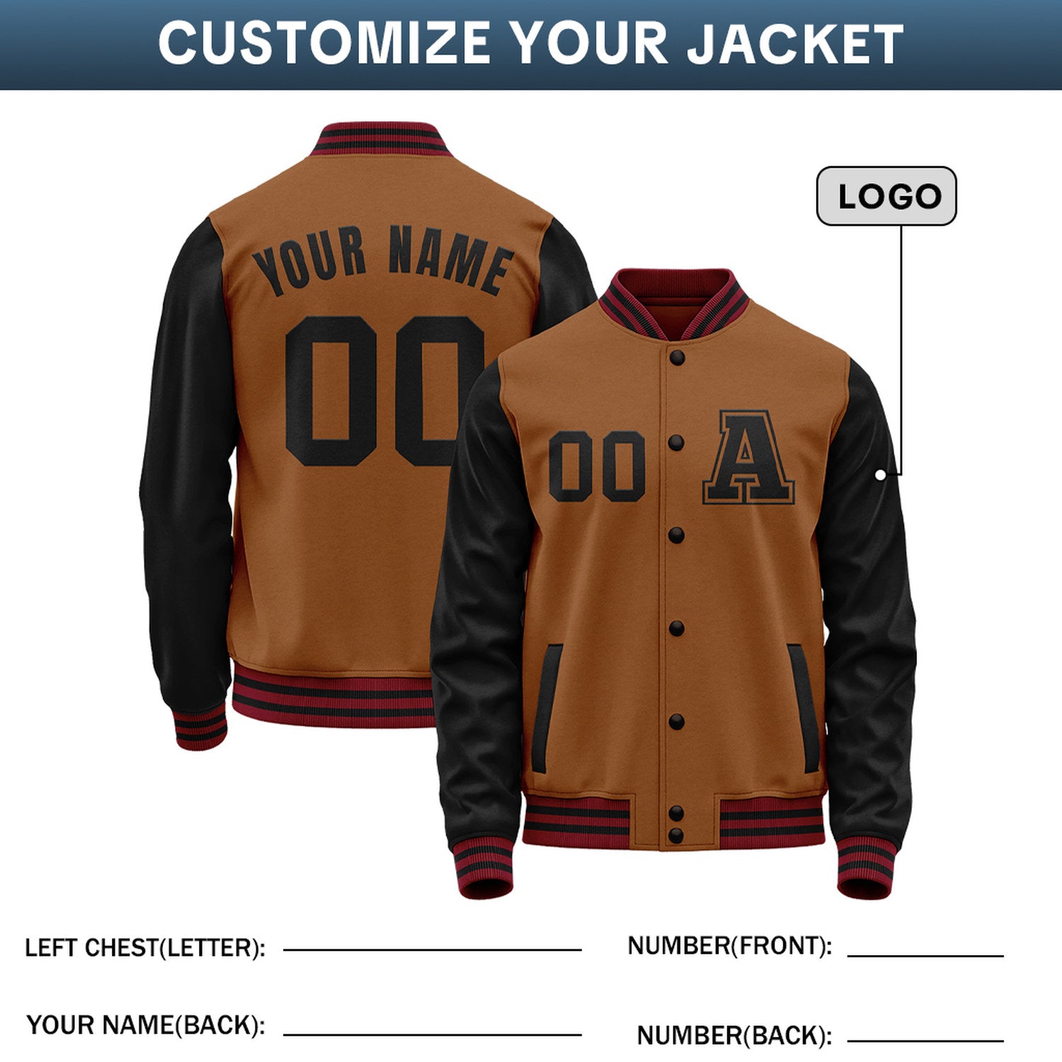 Custom Varsity Jacket with Stitched Name & Number | Brown & Black Personalized Team Letterman Bomber