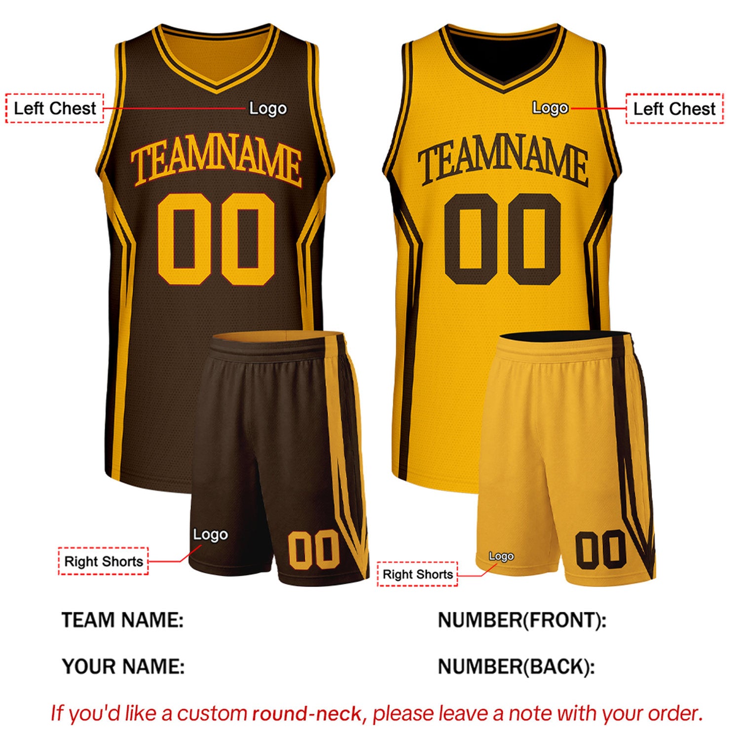 Custom Brown & Gold Two Sided Basketball Uniform Set | Personalized Team Uniforms for Adult & Youth