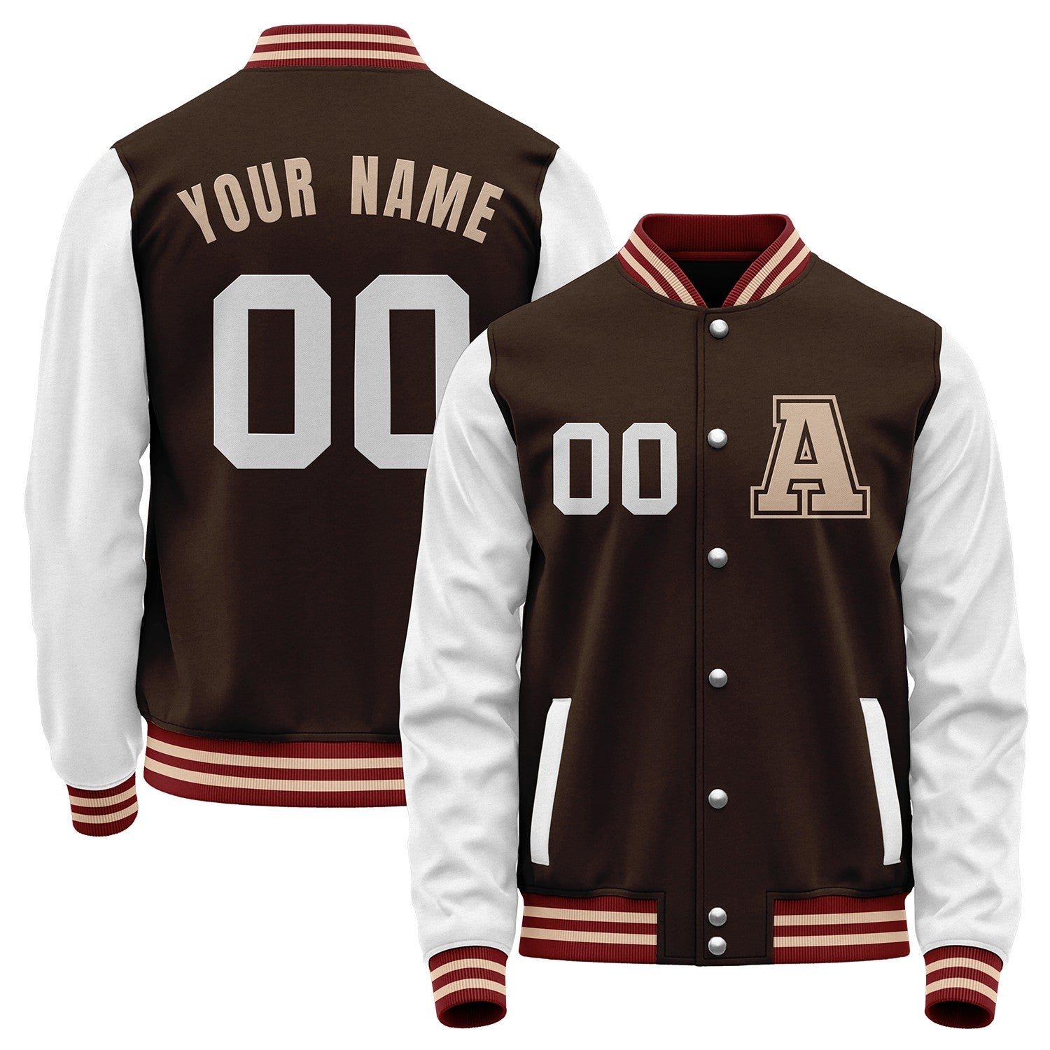 Custom brown and white team apparel manufacturer by Vosoli with stitched name, number and logo. Classic varsity jacket for baseball and casual wear.