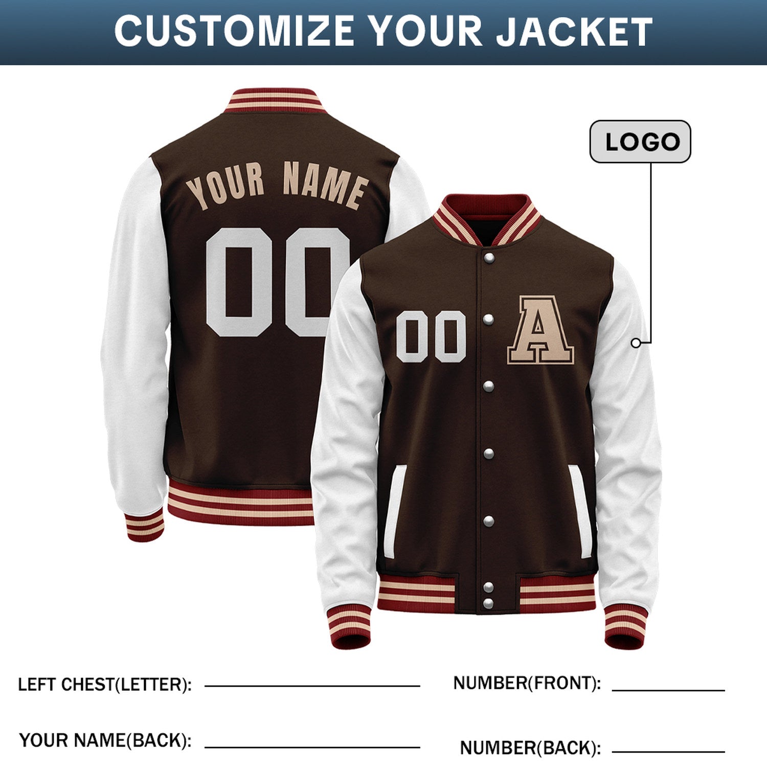 Custom Varsity Jacket with Stitched Name & Number | Brown & White Personalized Team Letterman Bomber