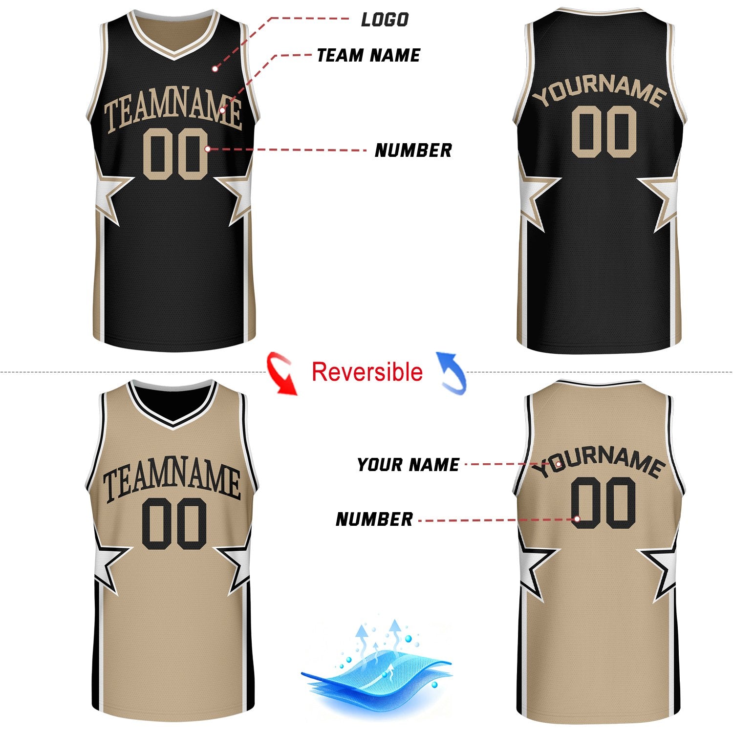 Custom Black & Tan Star Reversible Basketball Uniform Set | Breathable Mesh Jersey & Shorts