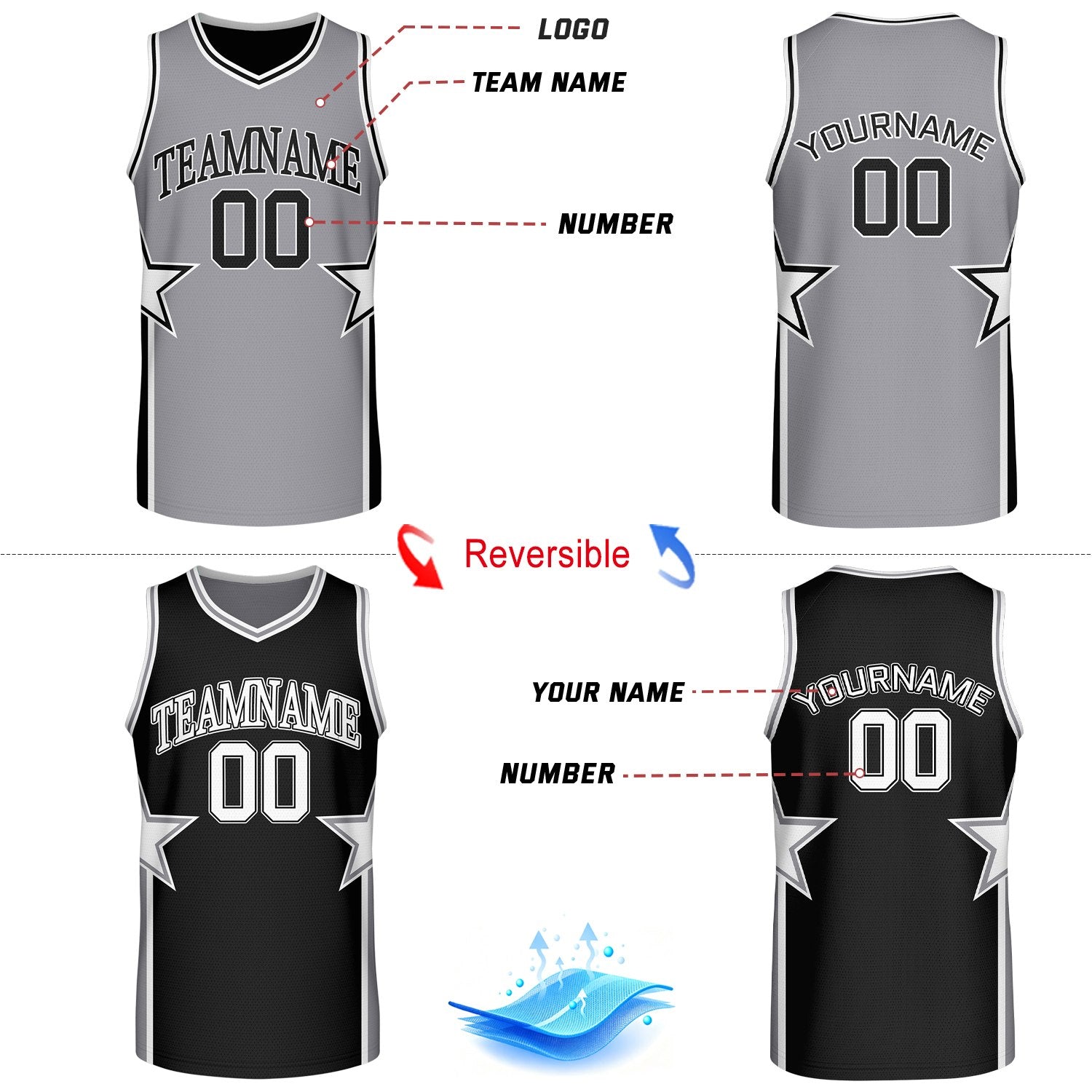 Custom Grey & Black Star Reversible Basketball Uniform Set | Breathable Mesh Jersey & Shorts