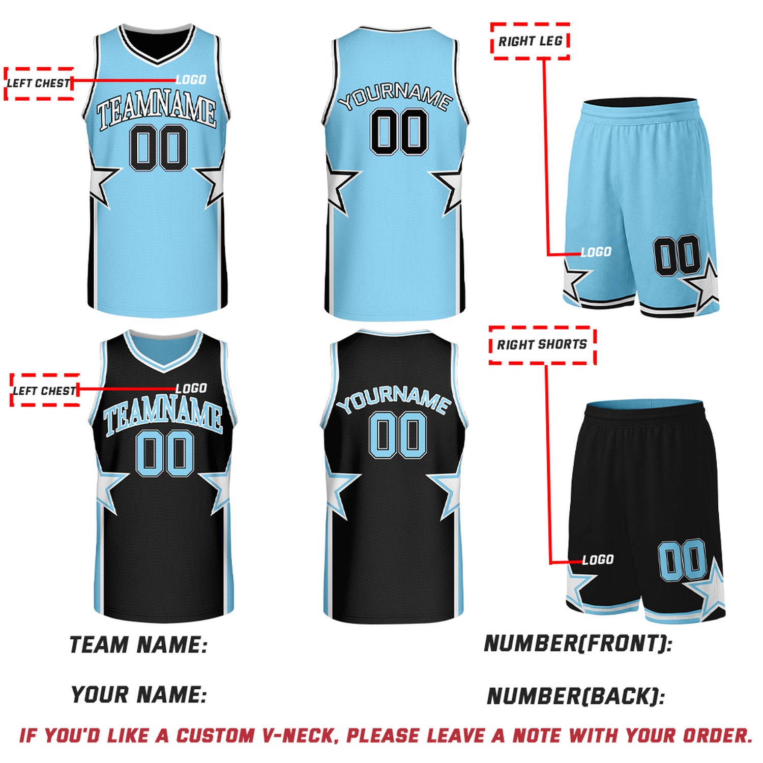 Custom Light Blue & Black Star Reversible Basketball Uniform Set | Breathable Mesh Jersey & Shorts