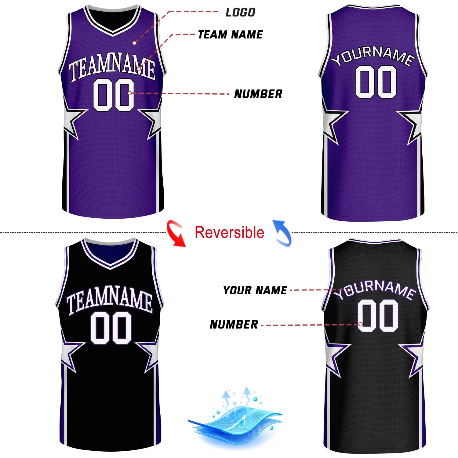 Custom Purple & Black Star Reversible Basketball Uniform Set | Breathable Mesh Jersey & Shorts