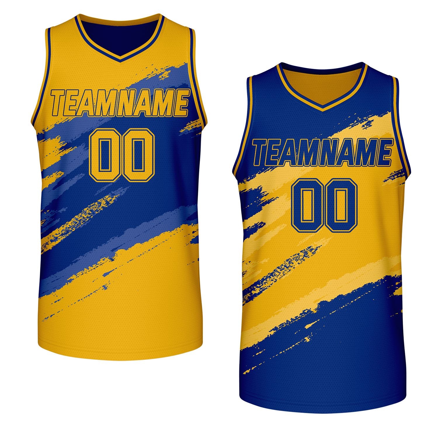 bulk team basketball jerseys gold blue reversible by Vosoli, personalized team name, number & logo, breathable mesh dual sided basketball jersey for bulk team orders