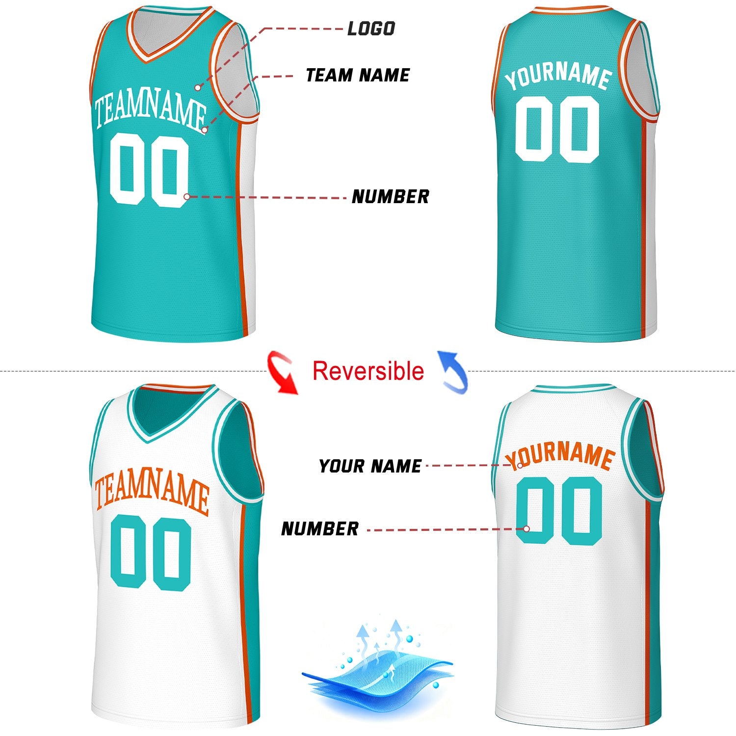 Custom Teal & White Reversible Basketball Jersey | Personalized Team Jerseys with Name Number Logo