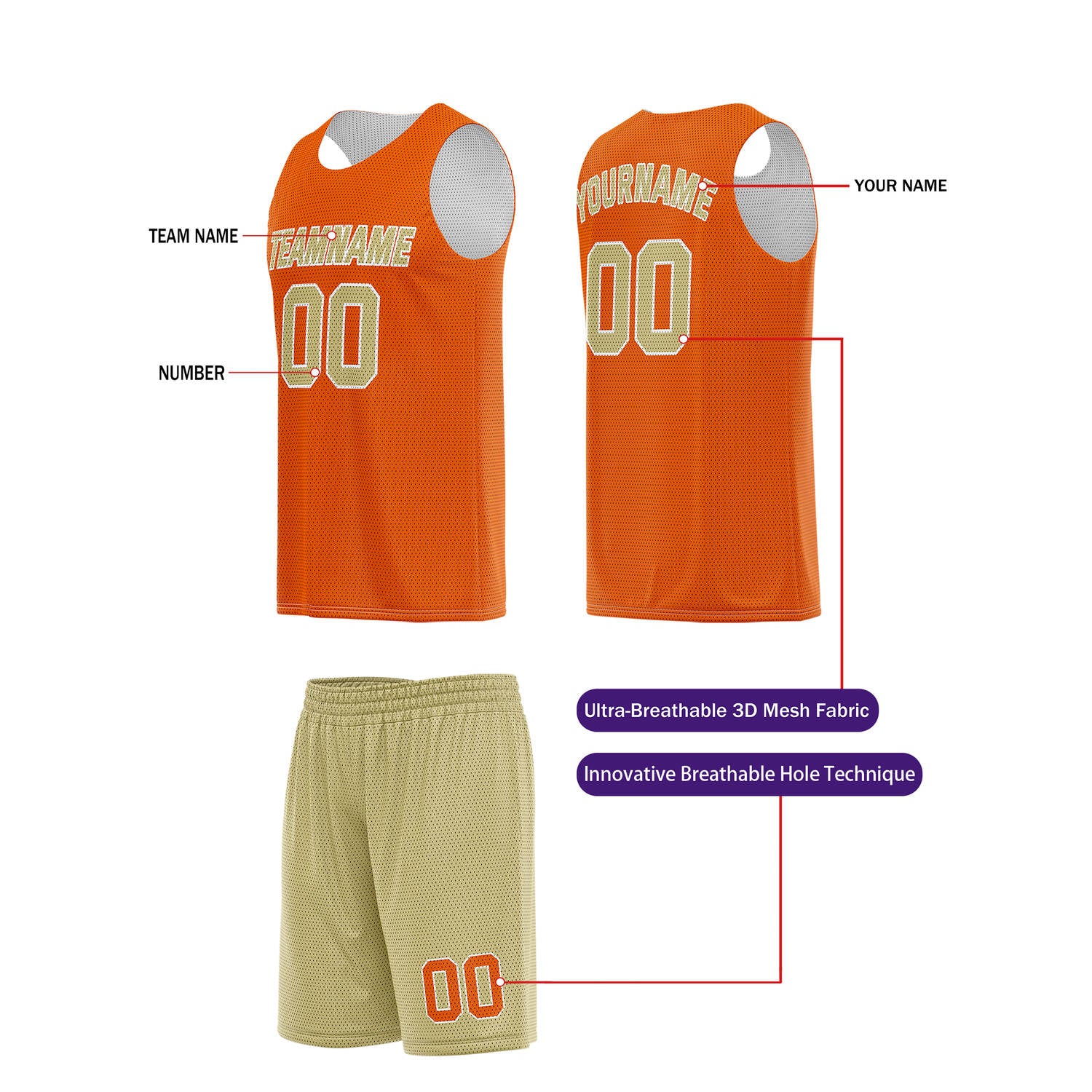 Custom Burnt Orange & Sand Beige Basketball Jersey + Shorts Set - Personalized Team Name, Number | Vosoli