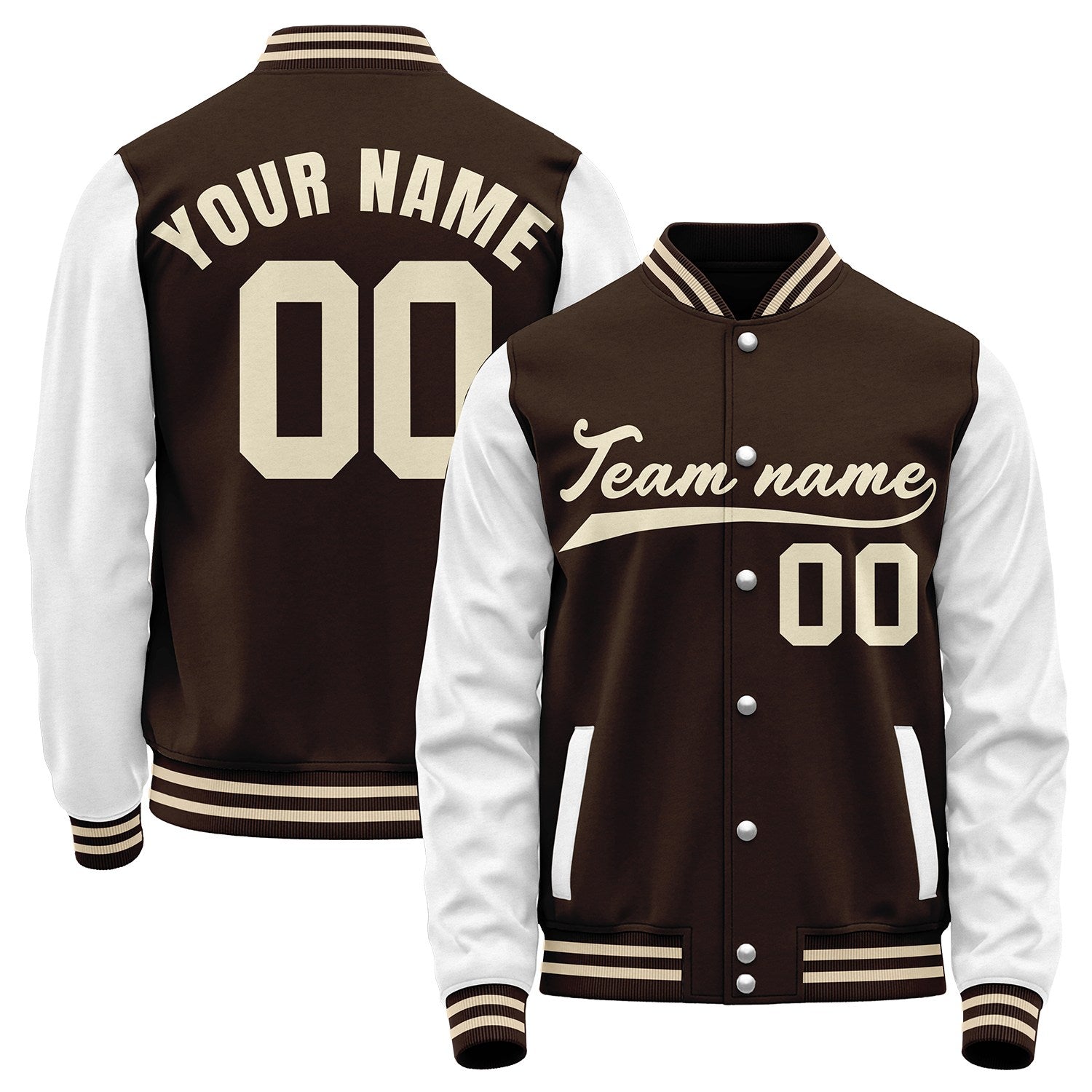 Custom college baseball jackets, brown and white retro collegiate varsity letterman bomber jacket, personalized team name, number and logo.