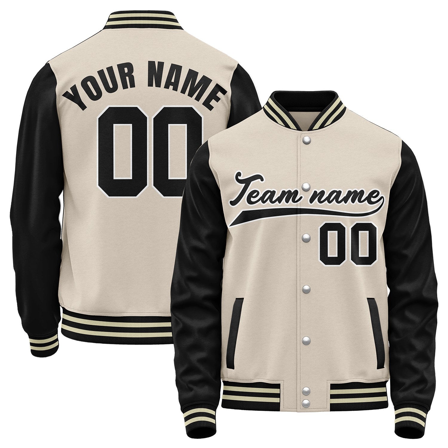 Custom college baseball jackets, cream and black retro collegiate varsity letterman bomber jacket, personalized team name, number and logo.